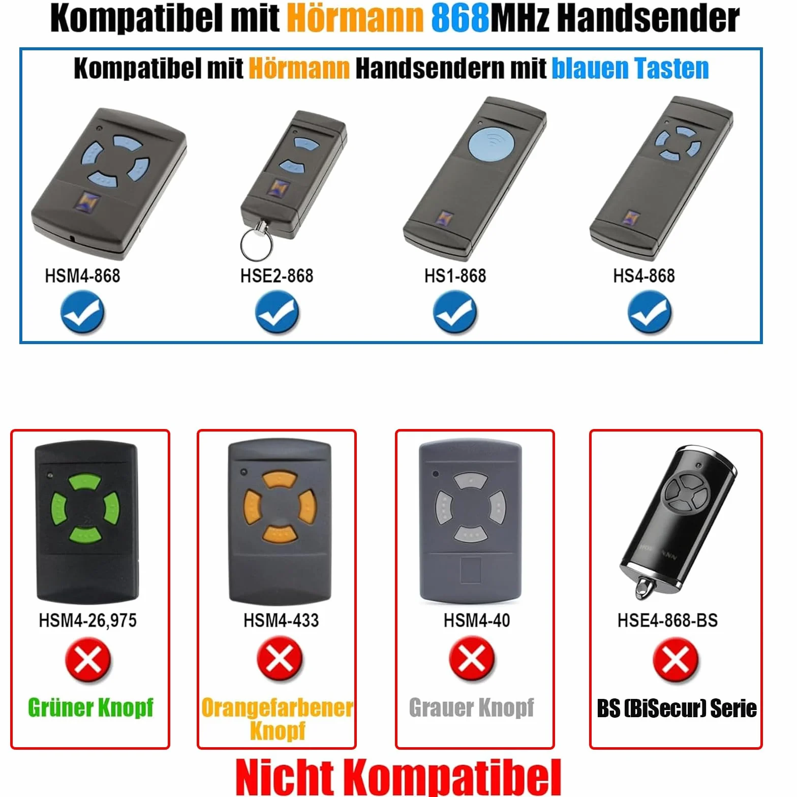 DDcafor Confezione da 2 telecomandi per Hörmann HSE2-868 HSM4-868 HS4-868 HS(M) 2/4, ricambio per Hörmann Blue Button 868,3 MHz telecomando, apriporta garage, mini telecomando portatile