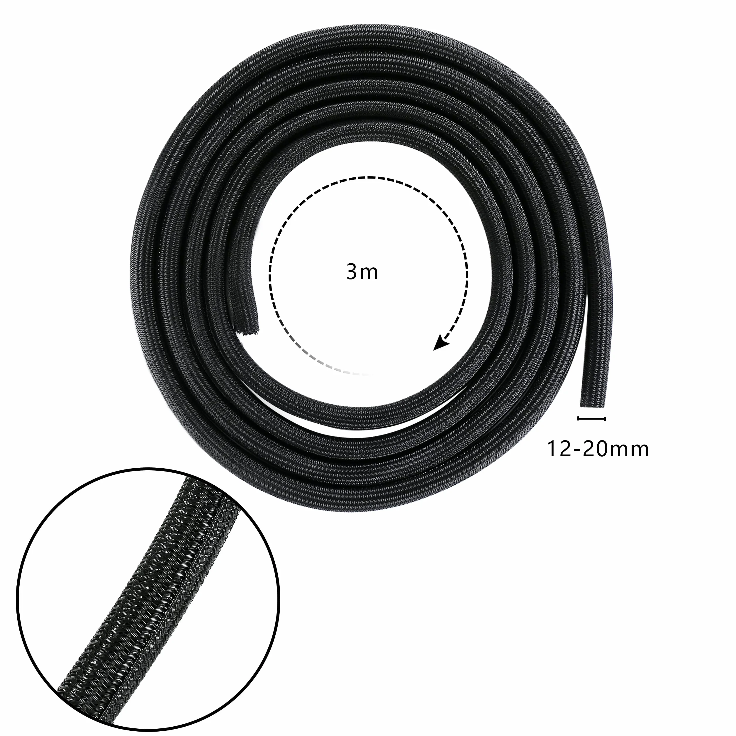 Guaina per Cavi a Chiusura Automatica 3 m, Diametro 12-20 mm, Raccogli Cavi Intrecciati Nero