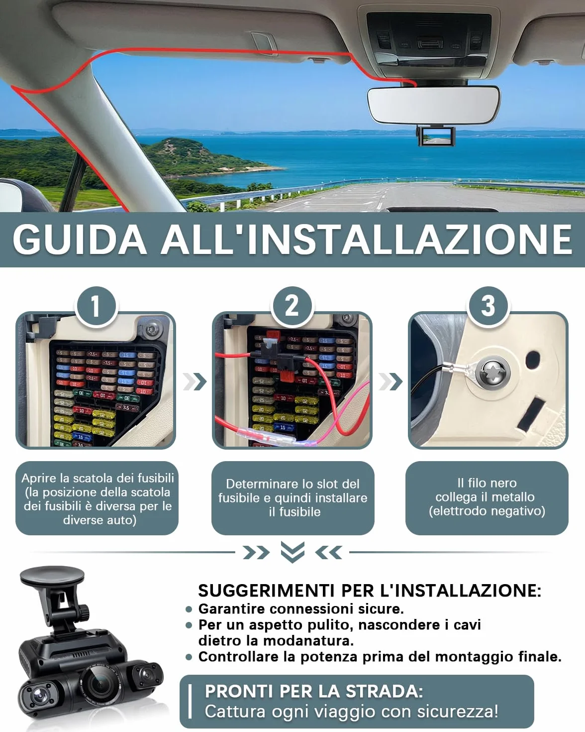 Kit Cablaggio USB-C, Dash Cam Hardwire Kit con 4 Tipi/8 Fusibili Adattatori, Cavo Tap e Strumento di Installazione 4m/13.12ft 12V/24V a 5V/2.5A Auto Cavo di Ricarica Kit