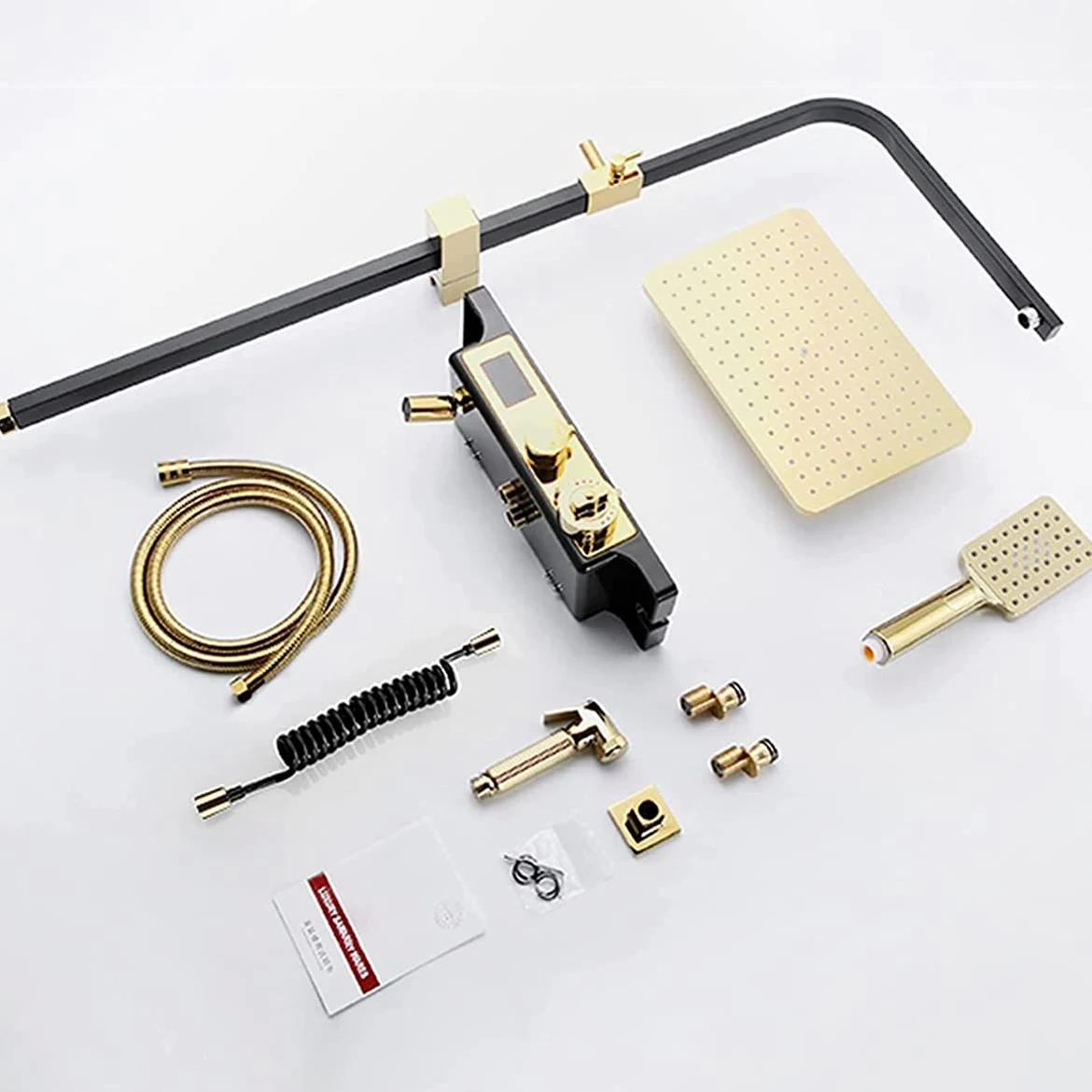 Sistema Doccia a Pioggia, Set termostatico Combinato, Rubinetto per Bagno in Oro e Nero con soffione a Pioggia, doccetta, Rubinetto per Vasca, doccetta Bidet, Display Digitale