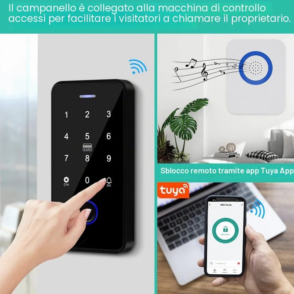 TUYA Kit di Controllo Degli Accessi Impermeabile,Tastiera Touch RFID,Serratura Elettronica a Chiave,Alimentazione 3A,Pulsante del Cambio,Campanello Cablato,15 Chiavi da 13,56MHz