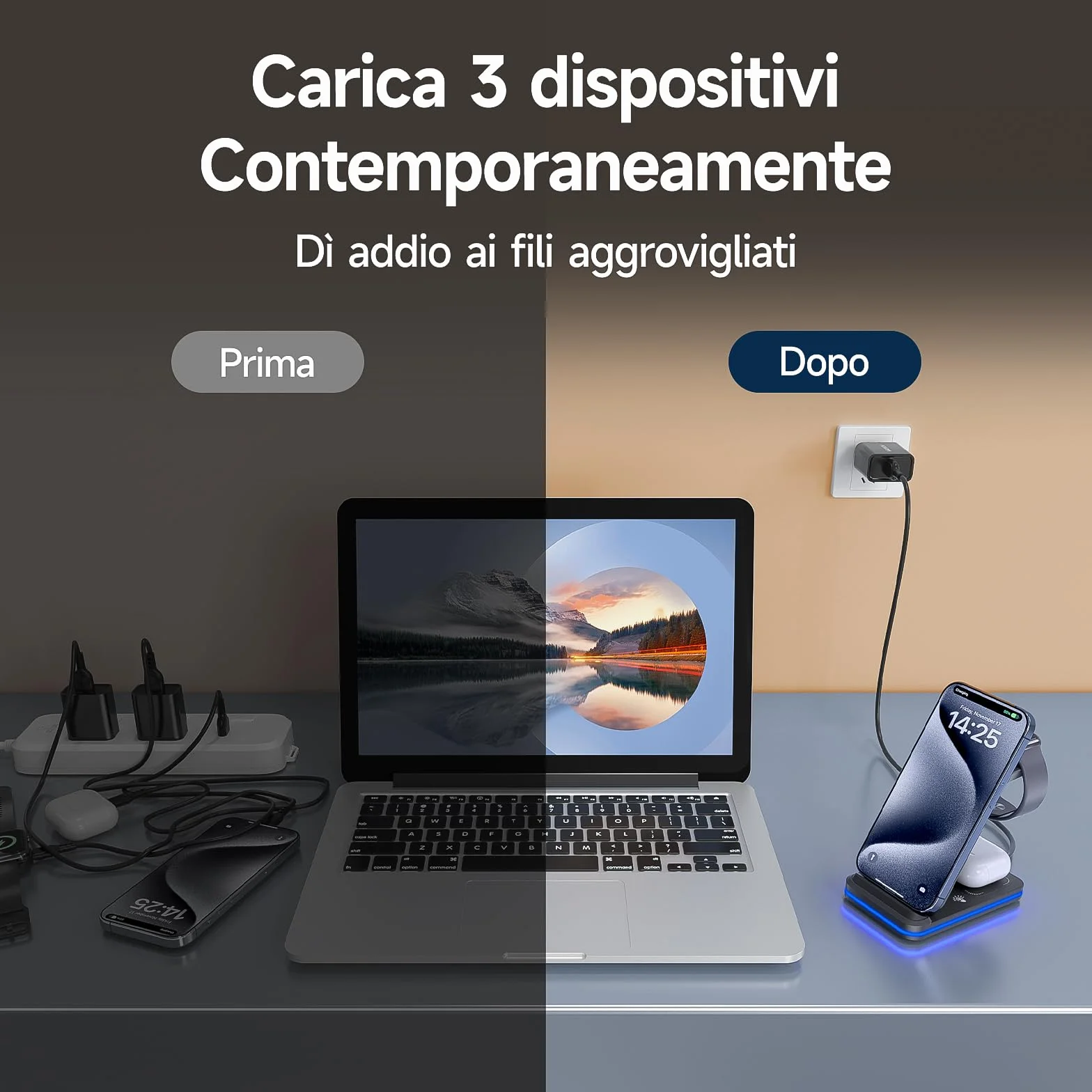 3 in 1 Stazione Ricarica per iPhone 17/16/15/14/13/12/XS/X/8 serie,MANKIW Caricabatterie Wireless per i-Watch 11-2 serie, per Air Pods 3/4/Pro 2