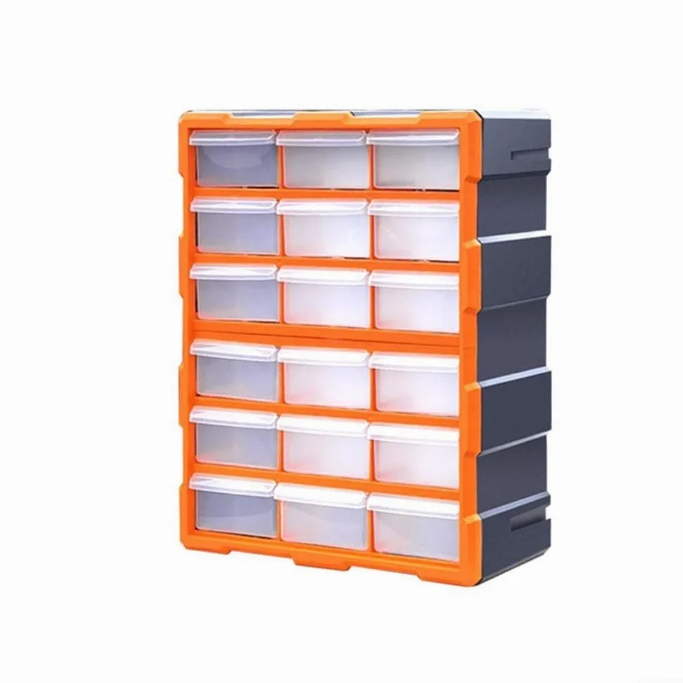 Scatola organizer in plastica resistente con 18 scomparti per piccoli attrezzi e elementi di fissaggio, con coperchio trasparente per una facile visibilità e struttura impilabile per risparmiare