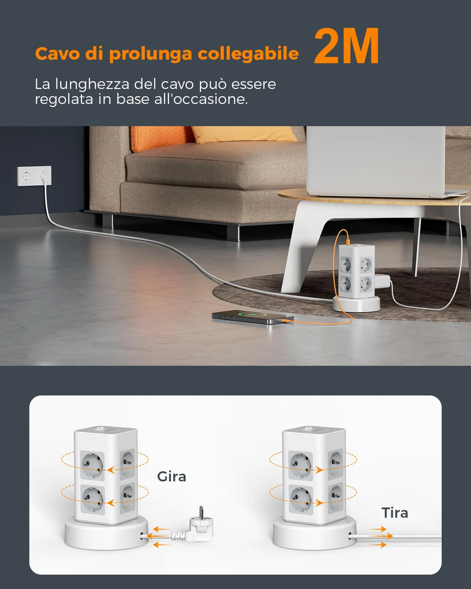 TESSAN Ciabatta Multipresa con 1 USB C, Ciabatta Elettrica con 8 Presa, Prolunga Retrattile 2M, Torretta Multipresa da Scrivania con 1 Interruttori Indipendenti, Girgio