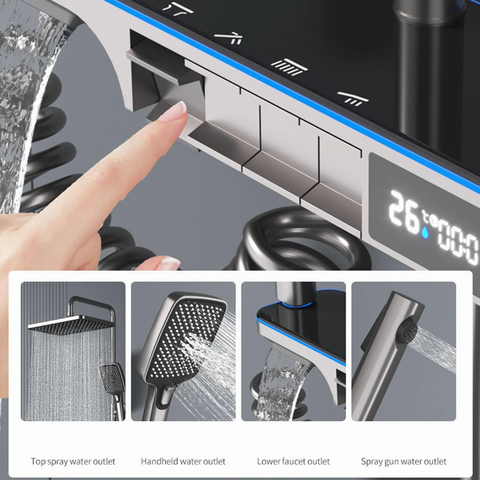 Set Doccia termostatico a 4 funzioni con Rubinetto e Display Digitale, soffione da 12", doccetta, doccetta per Bidet, beccuccio per Vasca, Grigio