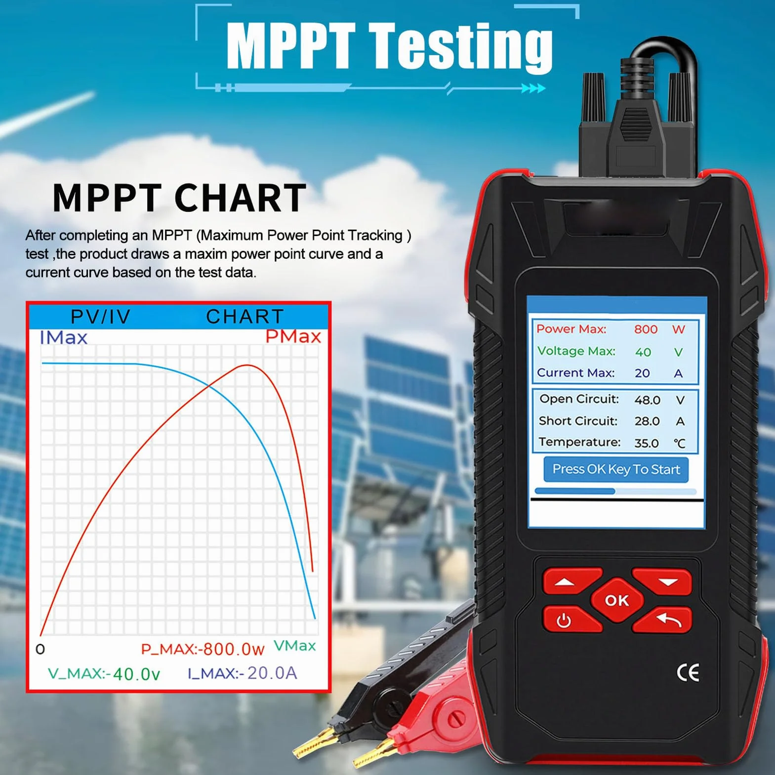 Tester per pannelli solari, indicatore di curva MPPT, 2000 W, 90 V, 40 A, multimetro fotovoltaico con memorizzazione dati retroilluminato, per test di efficienza e manutenzione