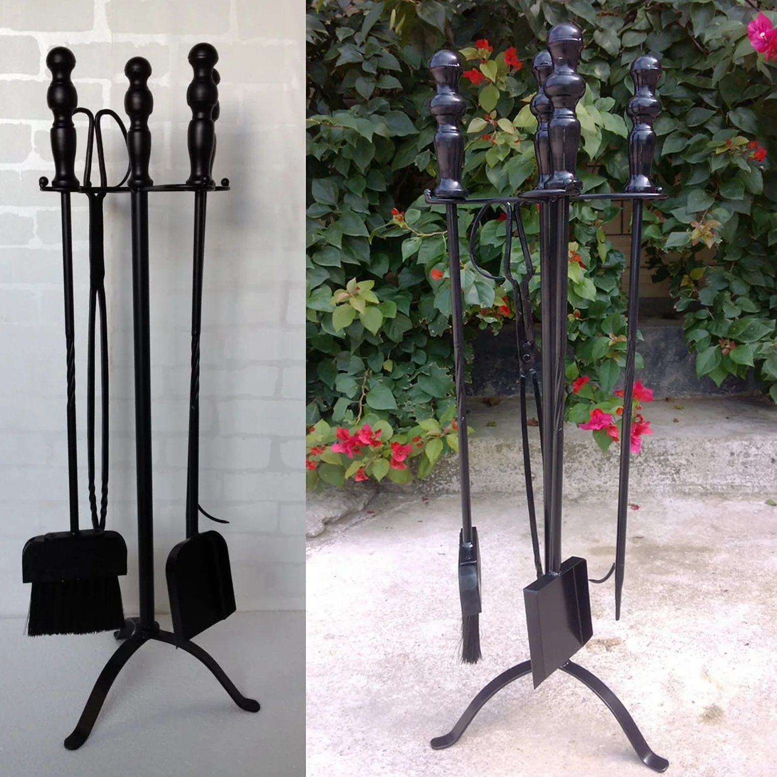 Set di 5 attrezzi per caminetto in ferro battuto resistente anticato, per uso esterno e interno, include supporto, pala e pinza, colore nero