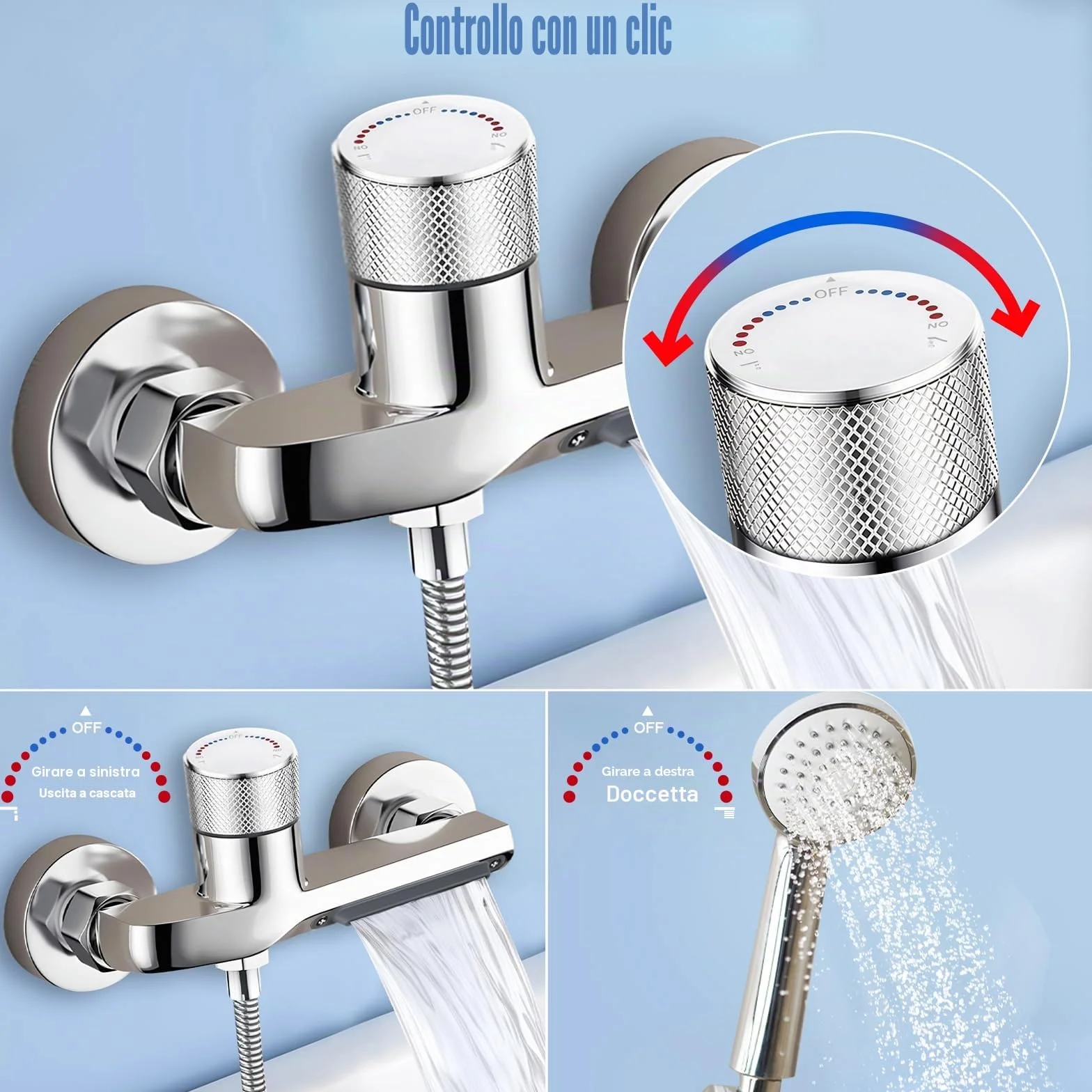 Rubinetto Vasca Doccia Termostatico a Parete, Bocca a Cascata, Corpo in Ottone Cromato, G1/2