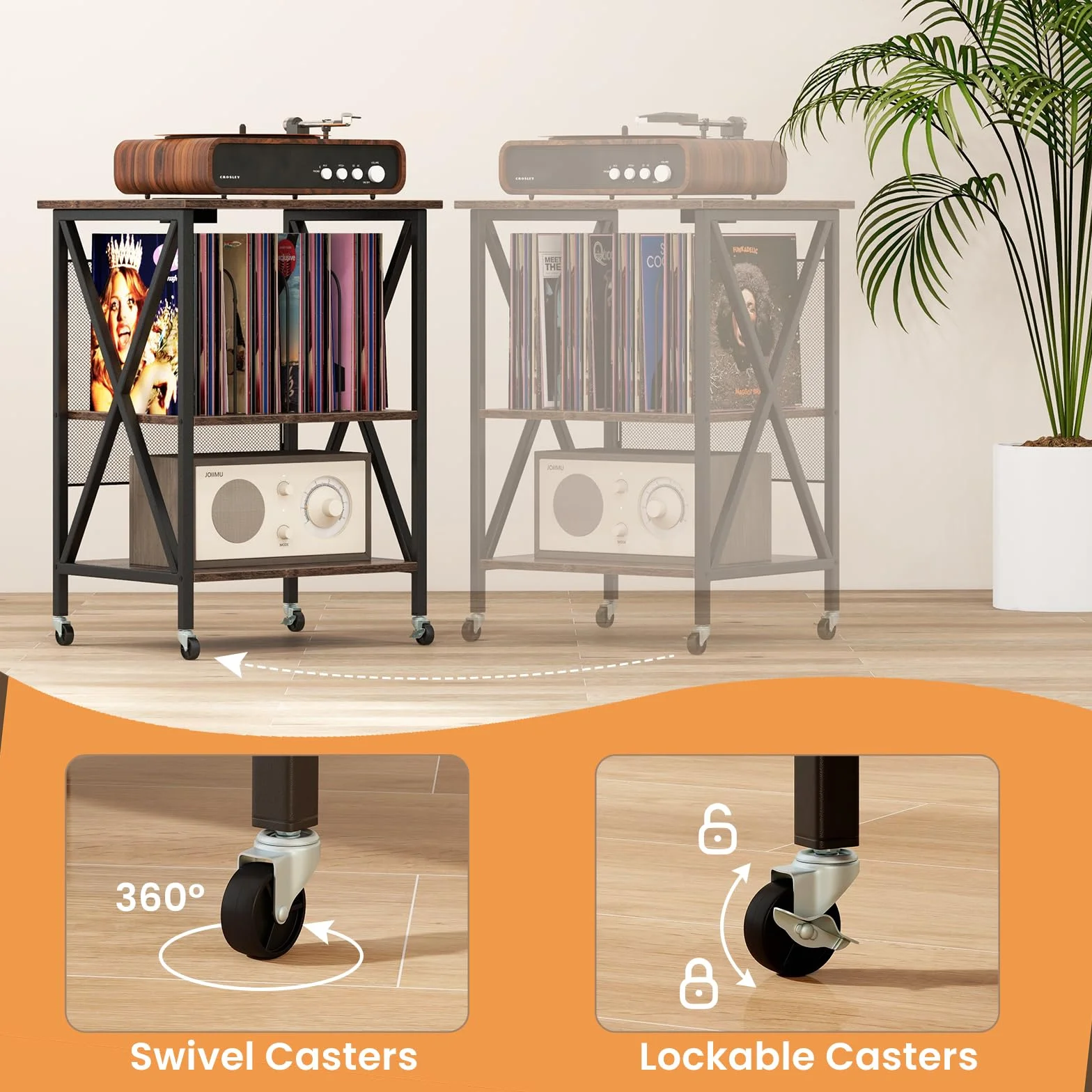 LIFEZEAL Mobile Giradischi e Porta Vinili, Supporto per Giradischi, Carrello con Ruote Bloccabbili per CD, Tavolino a 3 Ripiani per 250 Album, Legno+Metallo, Peso Max 90kg, 52x45x75 cm, Marrone