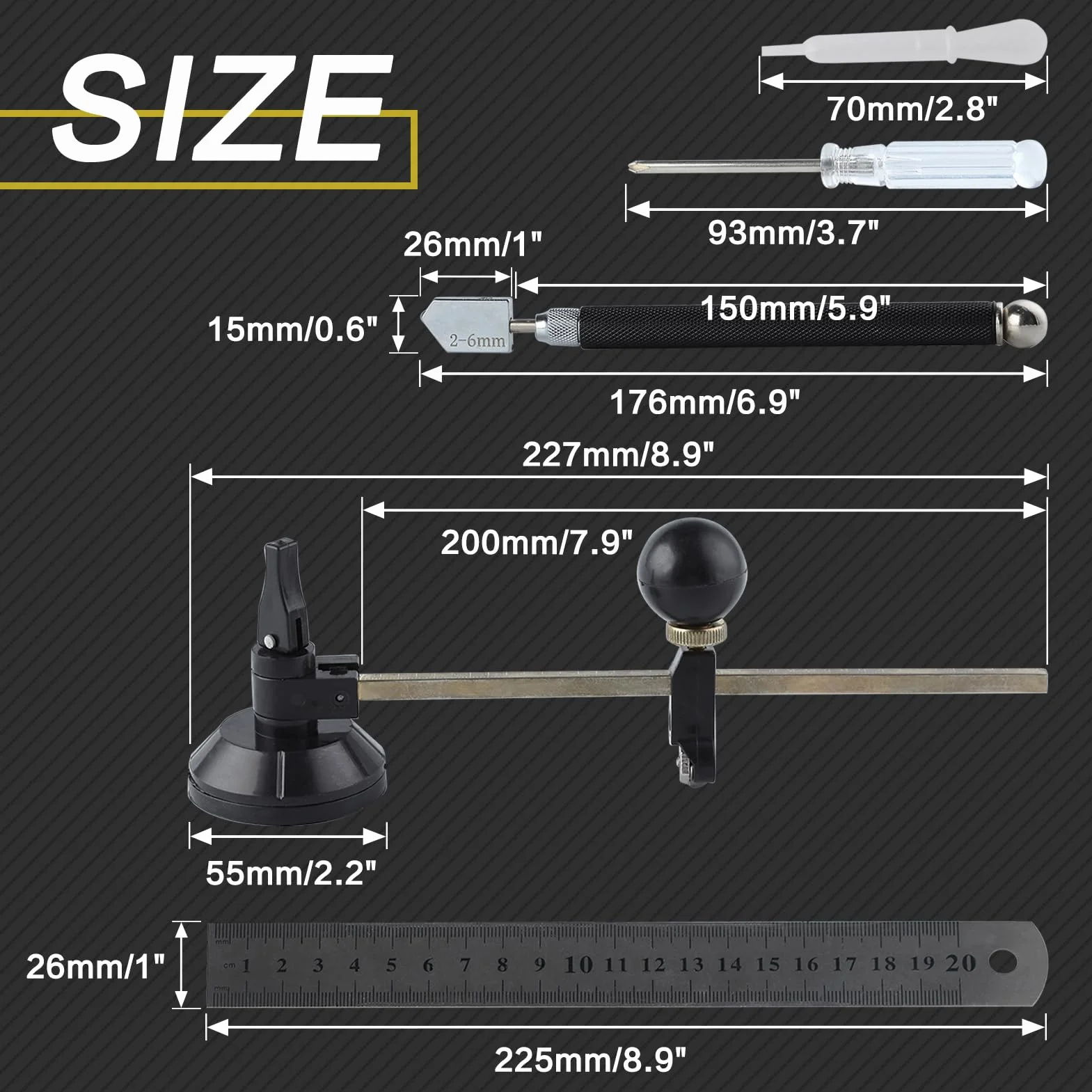 LEONTOOL Set di 7 utensili per tagliare il vetro, include un tagliavetro circolare regolabile da 2 a 20 mm, punta in carburo con 3 lame bonus, cacciavite, righello, contagocce olio, per piastrelle a