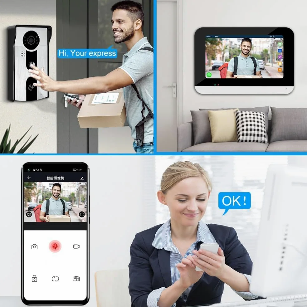 Sistema di Videocitofono Cablato LCD TFT da 7 '' Monitor per Interni WiFi Tuya 1080P Camera Motion Detection Visione Notturna Audio a 2