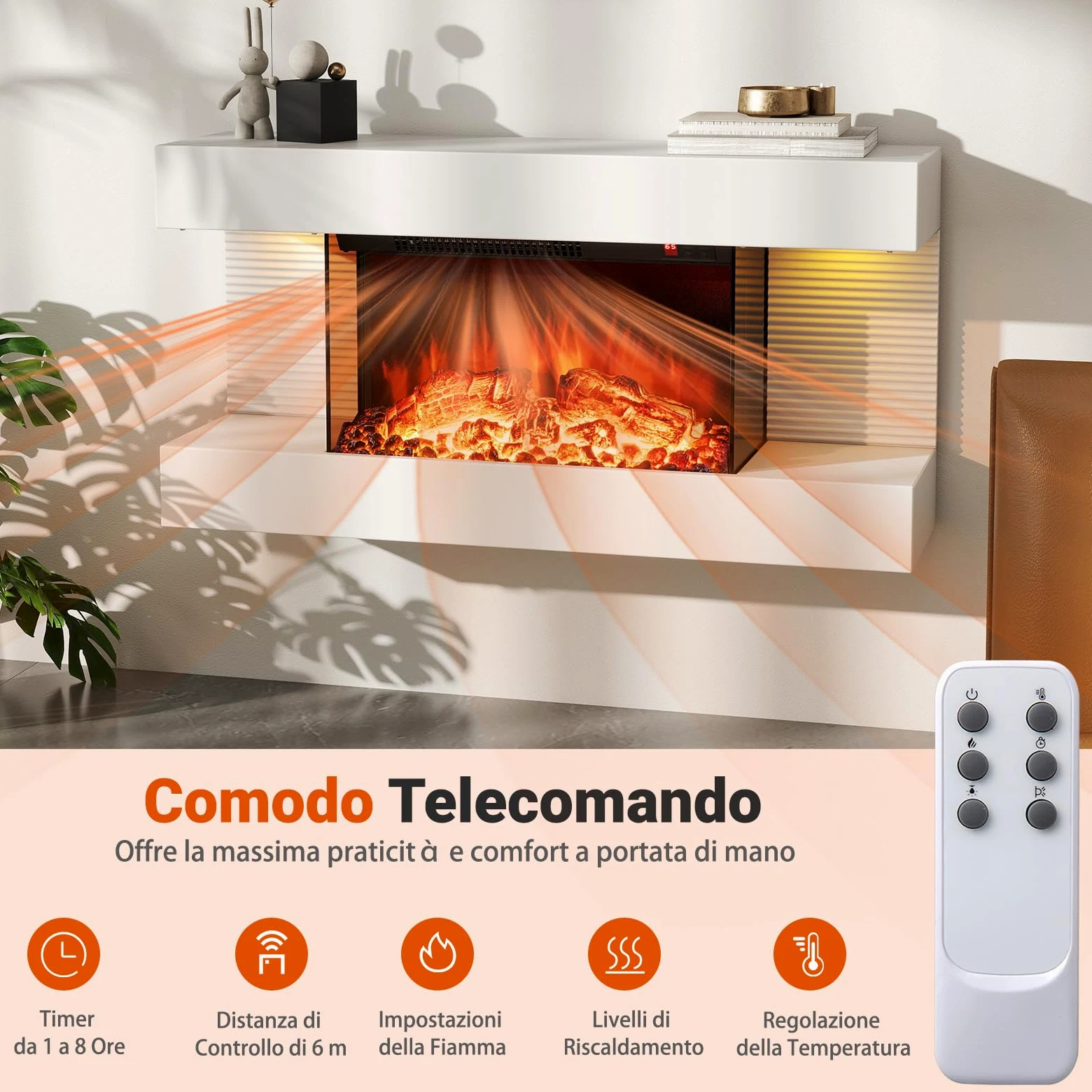 COSTWAY Camino Elettrico, 750W/1500W Caminetto con Luci LED, Telecomando, 12 Colori di Fiamma, Timer 8H Mensola Galleggiante e Protezione Surriscaldamento