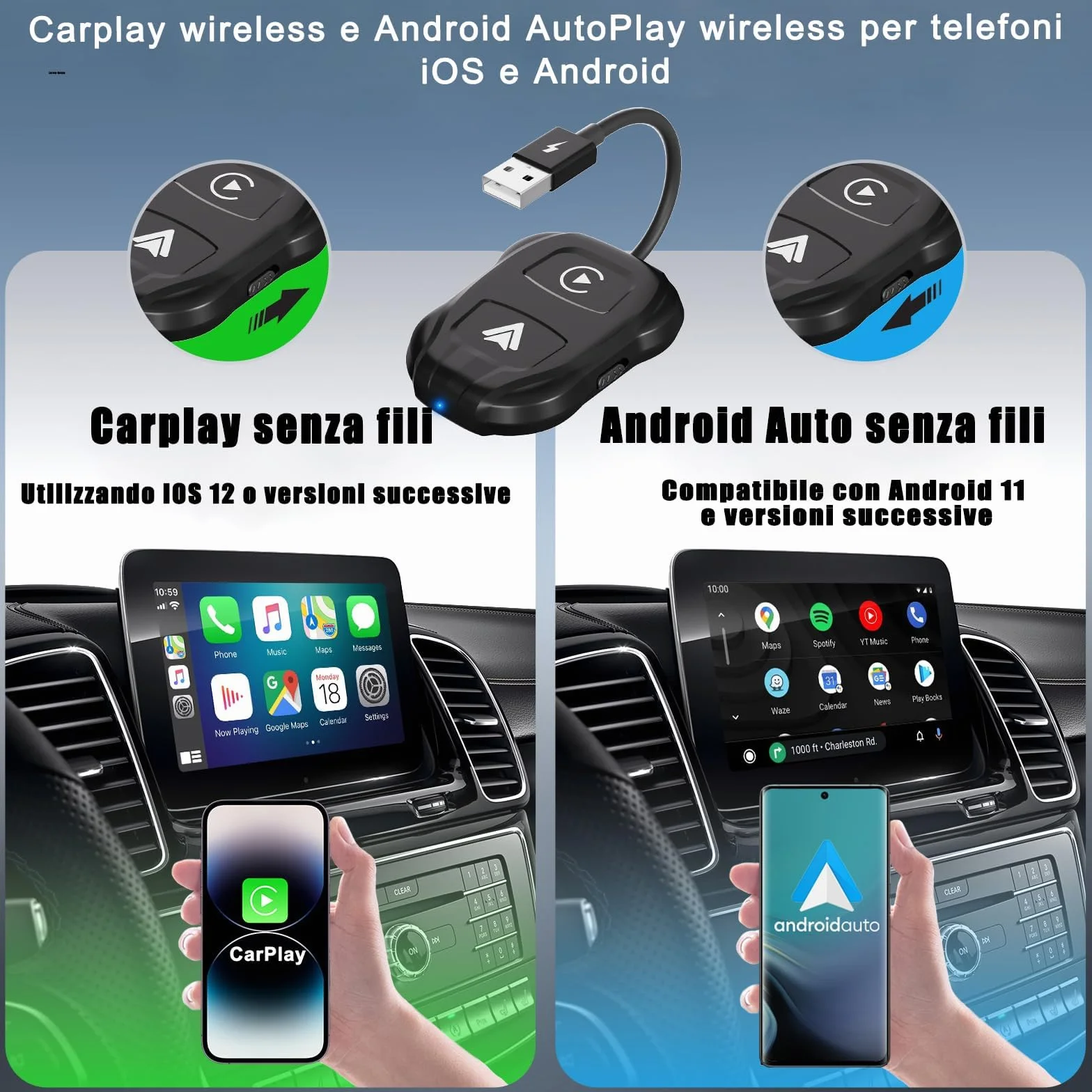 2025 CarPlay Wireless ios & Android Auto Wireless Adattatore [2-in-1], Adattatore Converti Wired in Wireless Android Auto Wireless per Auto con Funzione Carplay o Android Auto, connessione automatica