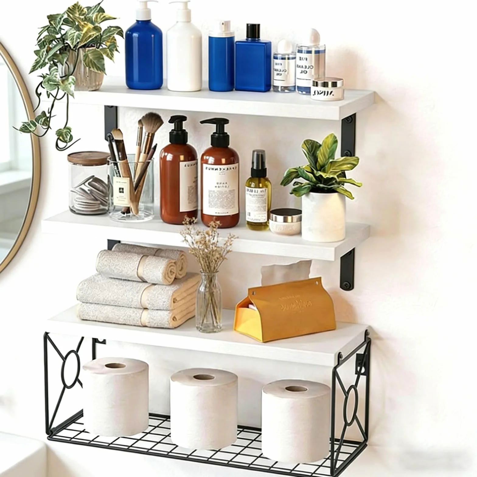 Mensole sospese decorative che uniscono il fascino rustico per una conservazione efficiente in soggiorno o bagno