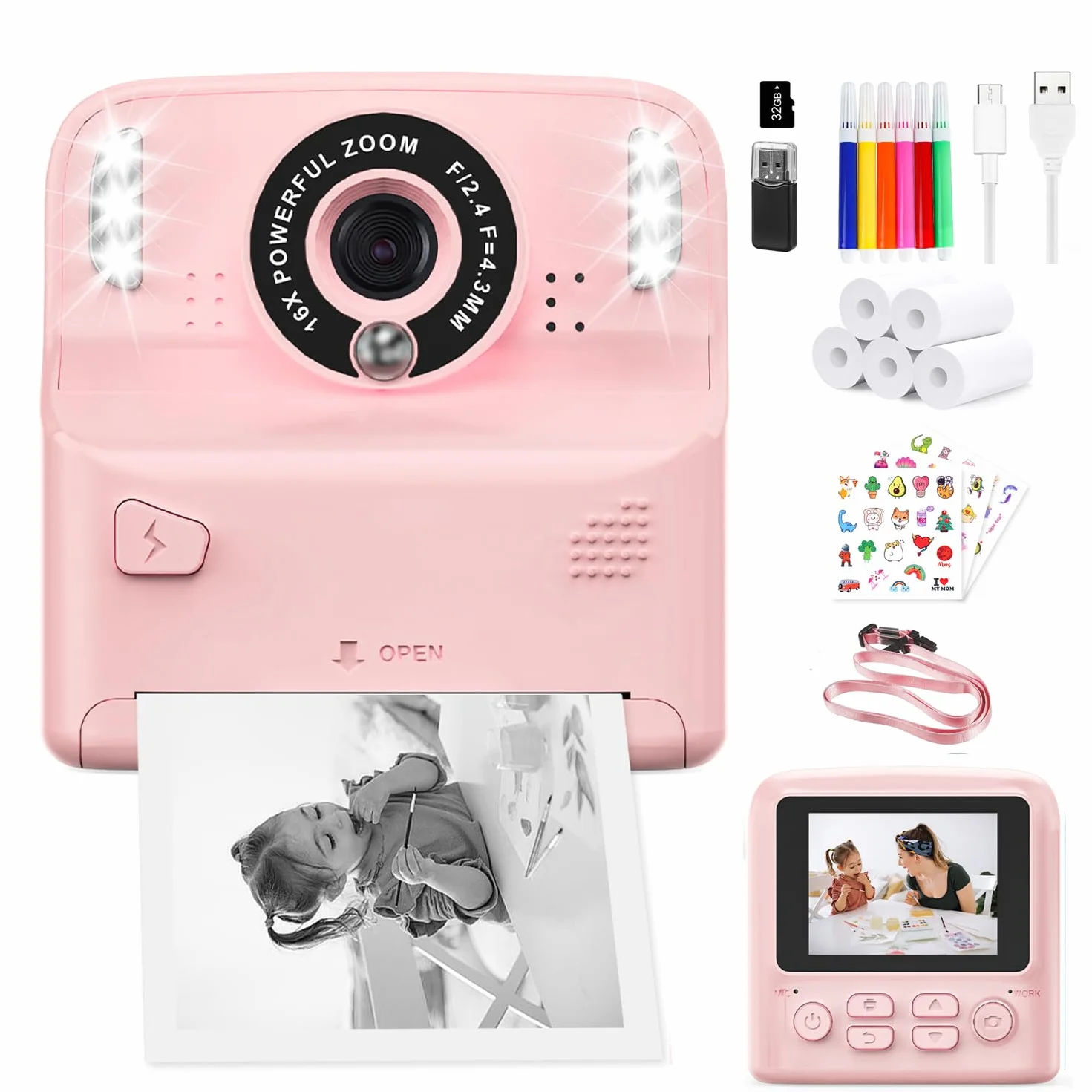 PHNIXGAM Fotocamera istantanea per bambini con 2 flash, fotocamera digitale per bambini 2,4 in HD, regalo per ragazzi e ragazze, tra cui 5 rotoli di carta da stampa e carta da 32 GB (Rosa)