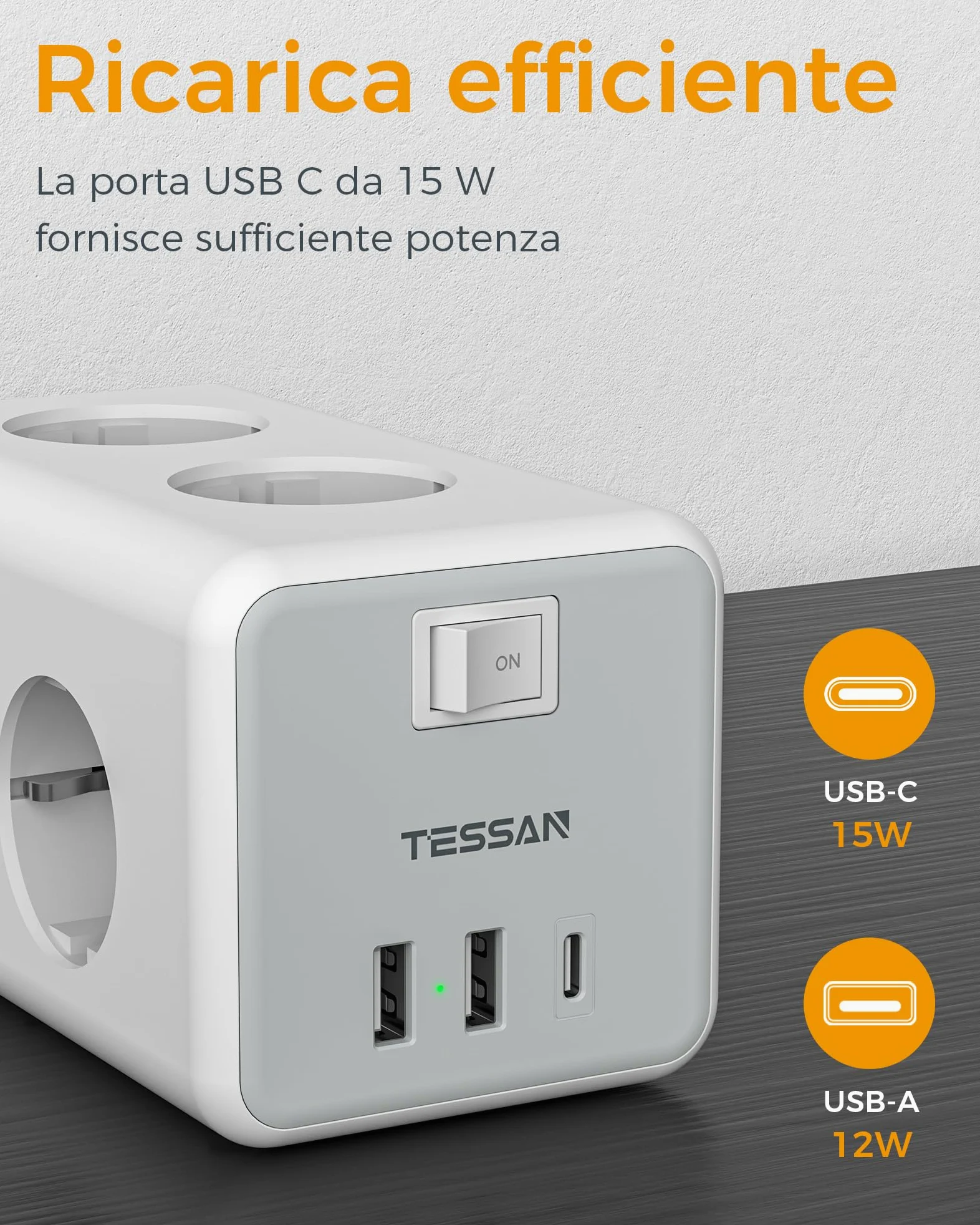 TESSAN Ciabatta Multipresa con USB C e 6 Prese, 9 in 1 Ciabatta Elettrica con Interruttore, 3600W Presa Multipla Cavo 2M, Multipresa da Scrivania per Casa e Ufficio