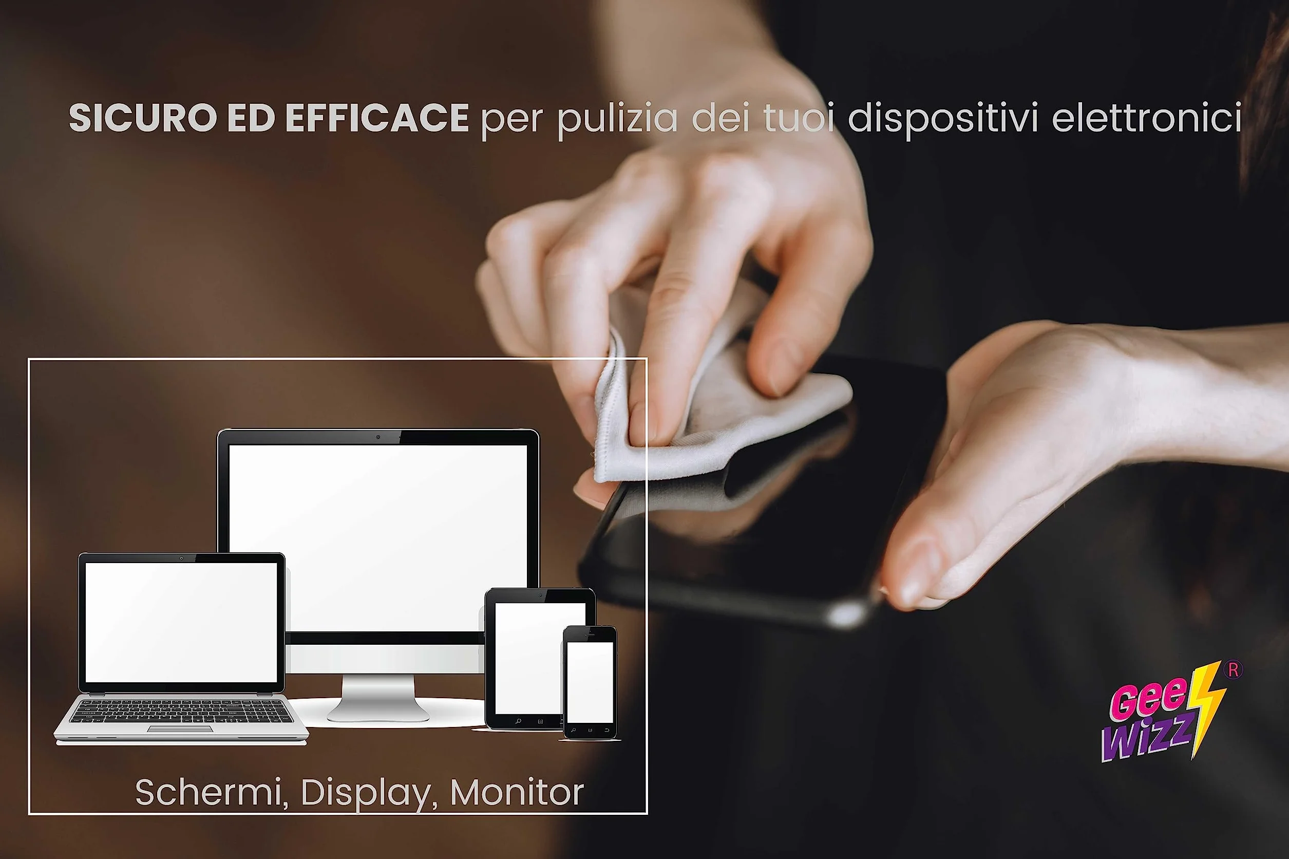 Gee-Wizz Screen Clean - Kit 250 ml Spray Pulisci Schermo con Panno Microfibra - Detergente Per Tutti Tipi di Schermo, Display, Monitor di Tutti i Dispositivi. Senza striature e Anti-Polvere