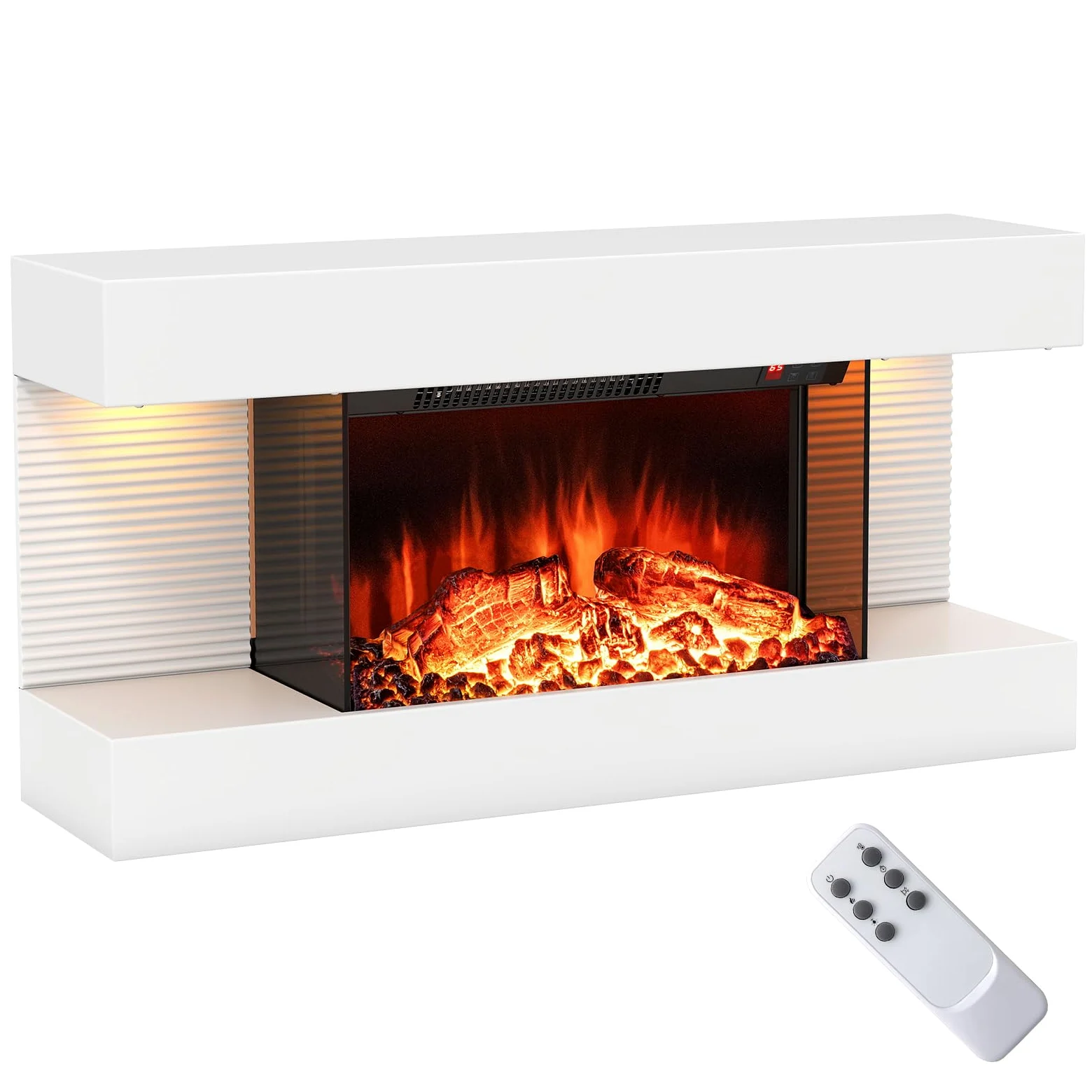 COSTWAY Camino Elettrico, 750W/1500W Caminetto con Luci LED, Telecomando, 12 Colori di Fiamma, Timer 8H Mensola Galleggiante e Protezione Surriscaldamento