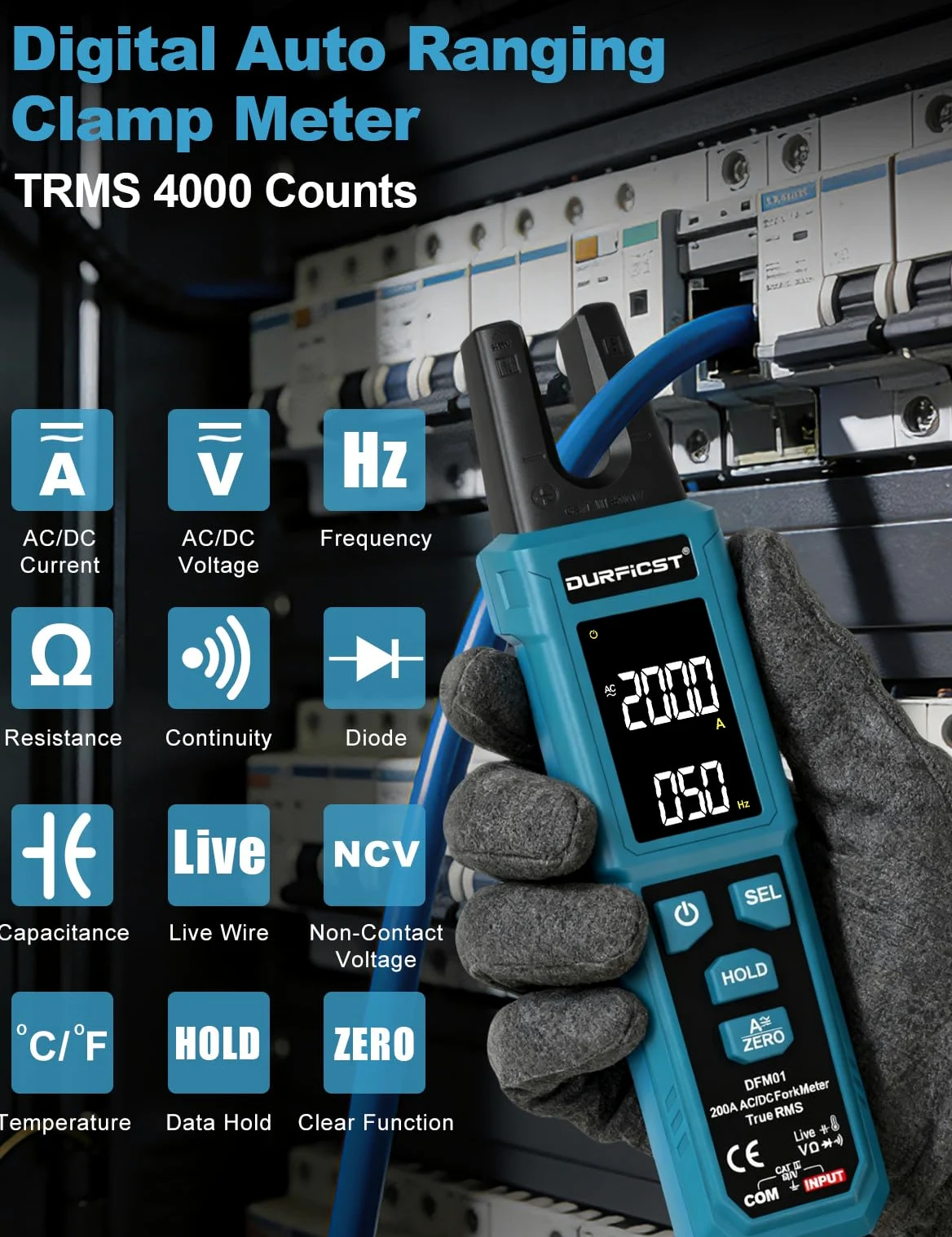 DURFICST Pinza Amperometrica TRMS 4000 Conteggi, con AC/DC 200 A & 600 V | Digitale Pinza Amperometrica AC DC con Test NCV, Continuità, Misurazione di Capacità e Temperatura