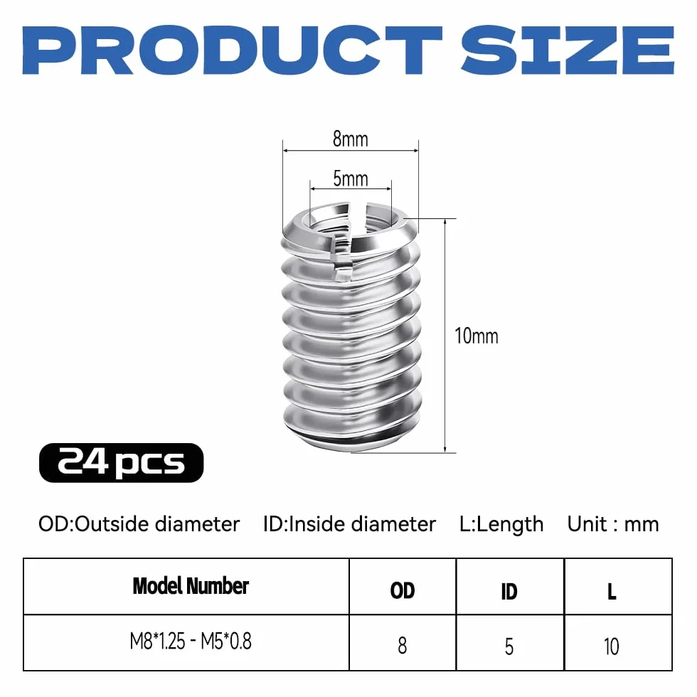 Inserto filettato M8 su M5 x 10mm, 24 pezzi adattatore filettato m8 m5, manicotto filettato in acciaio inossidabile, adattatore per collegamenti a vite, manicotto di riduzione da m8 a m5