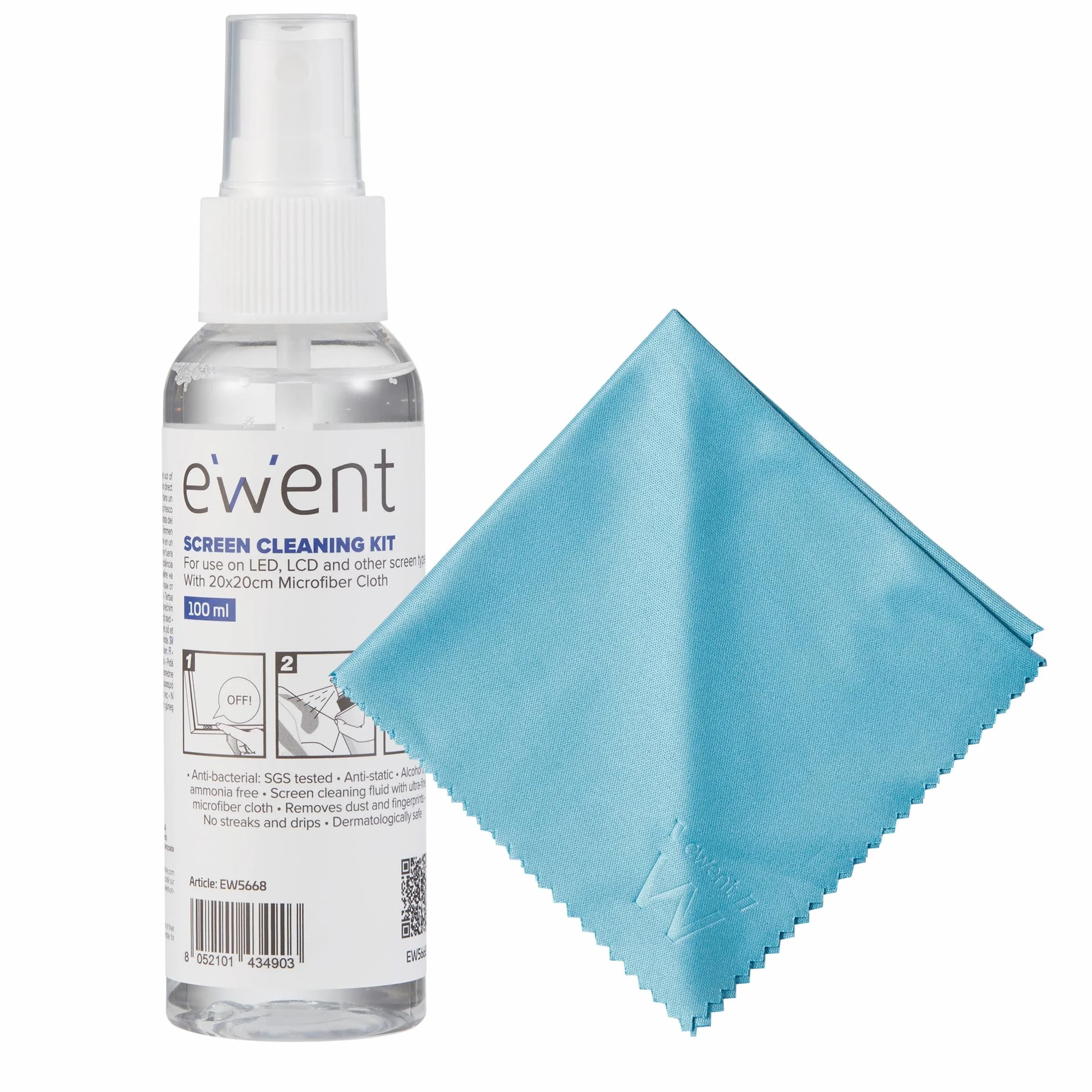 Ewent Kit di Pulizia per Schermi, Smartphone, iPad/Tablet, Occhiali, Lettori eBook, Monitor, Touchscreen e TV, 100 ml Detergente Spray + Panno in Microfibra (20x20cm), Senza Striature e Senza Strisce