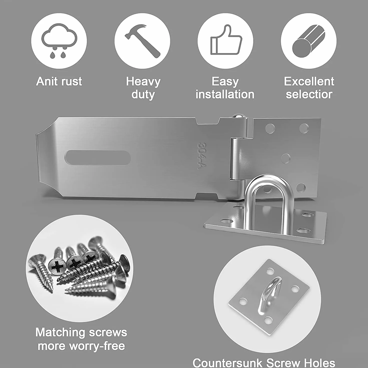 Lucchetto Hasp Acciaio Inox 304 4 Pollici Heavy Duty Serratura 50mm per Porte Armadi Garage