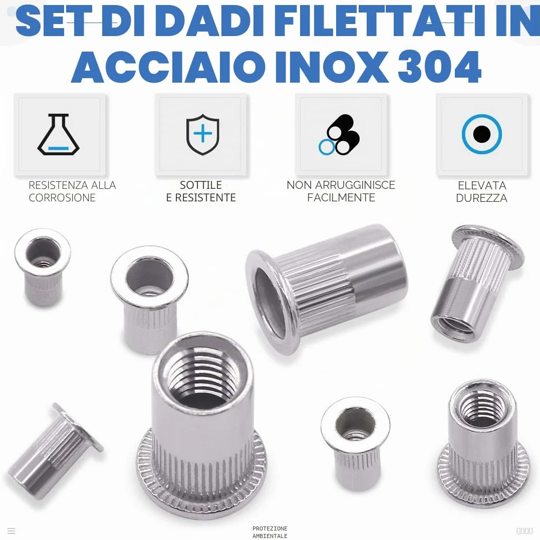 Glarks 180pcs Flat Head Rivet Nut Assortiment Kit, Inserisci in acciaio inossidabile Rivnut, Rivetti a filettatura metrici