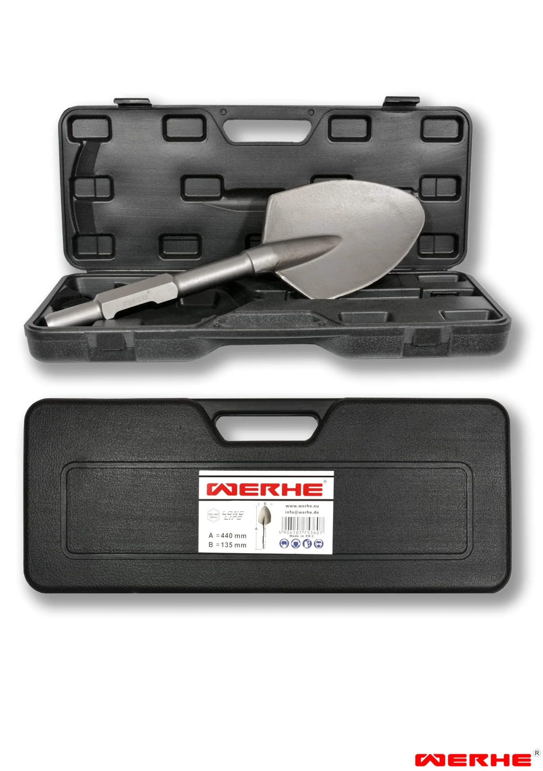 WERHE Professional SDS HEX scalpello a punta 135 x 440 mm supporto esagonale 30 mm per martello demolitore custodia