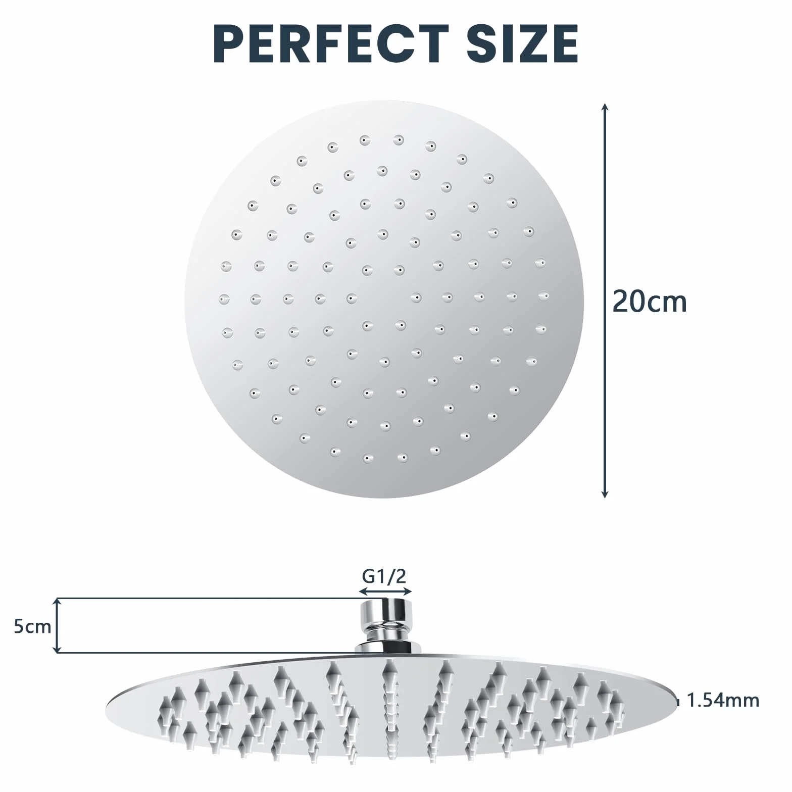 Soffione Doccia 8 Pollici Inox 304, Doccia Fisso Rotondo Regolabile 360°, 20CM Parete o Soffitto