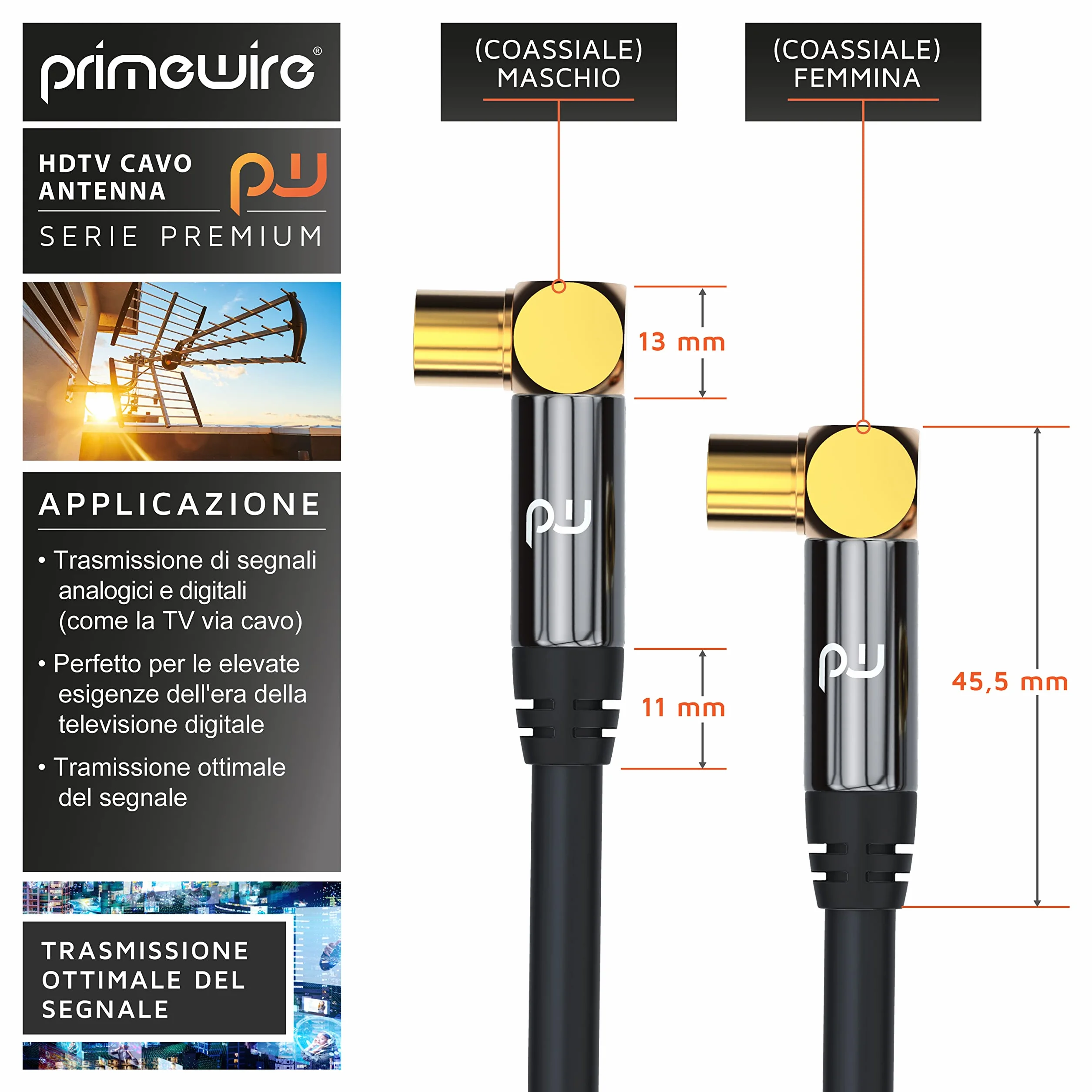 1m Cavo Antenna a Gomito 90 Gradi maschio femmina - Serie Premium professionale - DVB-T Digitale terrestre UHF VHF - Connettori dorati - 75 Ohm - Resistenza 135dB – Spessore cavo 7,5mm – Nero