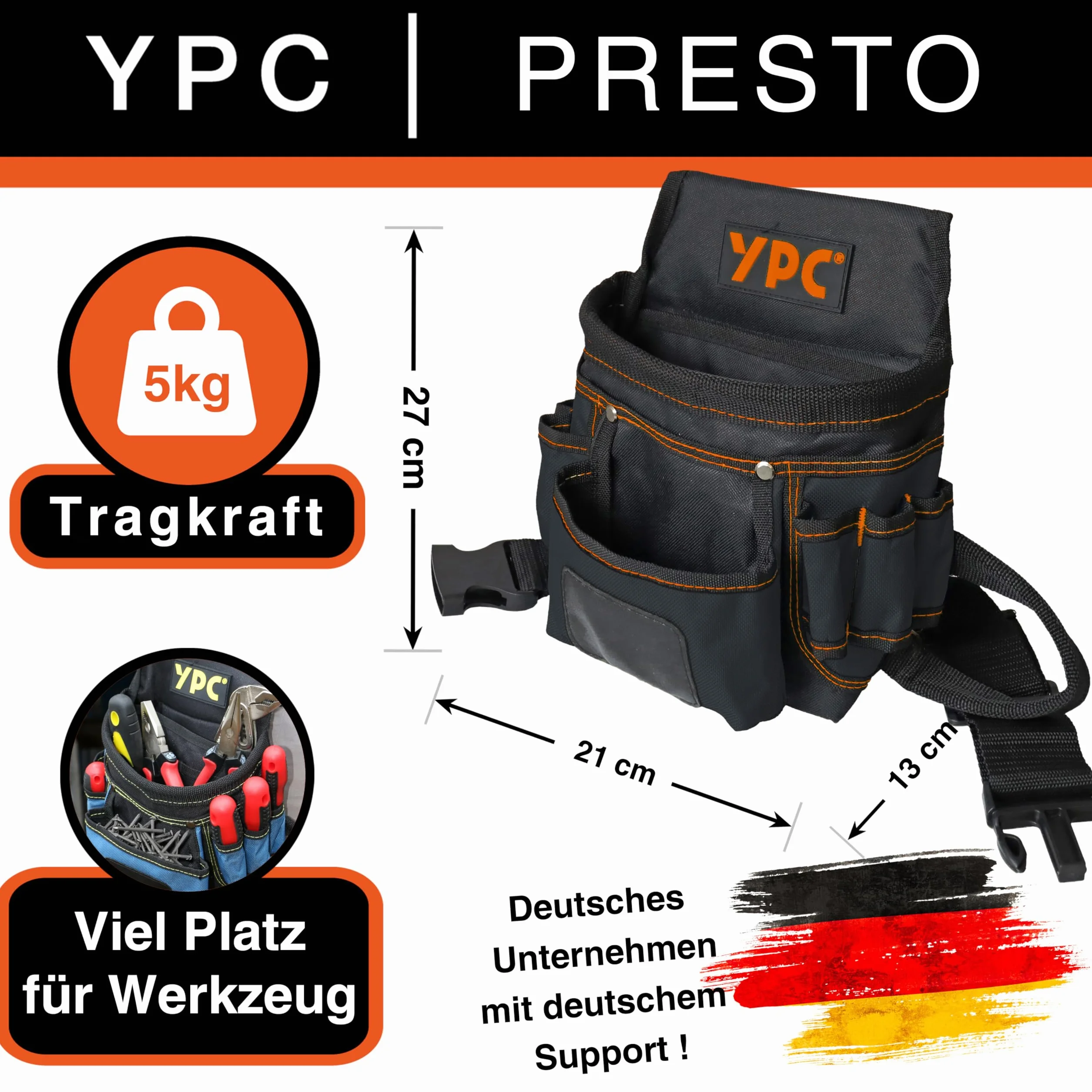 YPC Presto Tool - Marsupio XL per attrezzi, cintura da lavoro, impermeabile, con passante per martello, cintura in nylon antistrappo, 12 tasche, nero, 27 x 21 x 13 cm, portata 5 kg