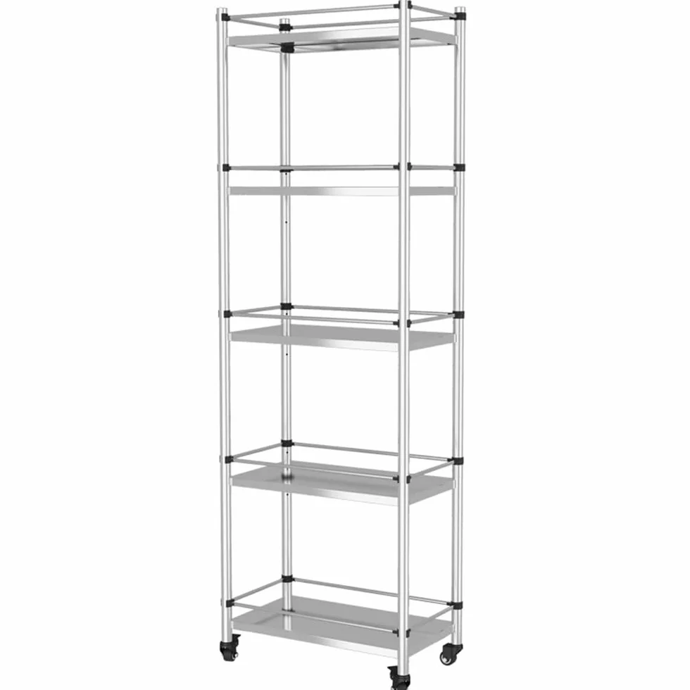 Scaffalatura a 5 ripiani in acciaio con ruote, scaffale per cucina pesante, tavolo da lavoro in metallo, per pentole e utensili da cucina (50 x 16 x 150,6 cm)
