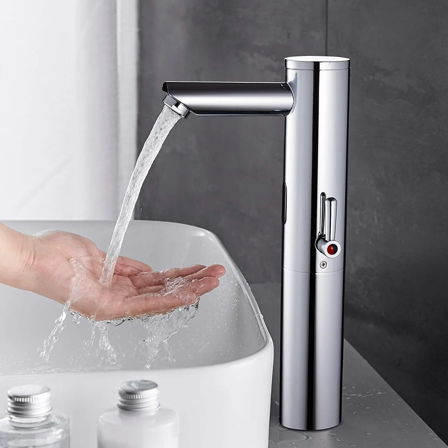 Rubinetto Bagno con Sensore Automatico a Infrarossi Senza Contatto, Miscelatore Lavandino Ottone Cromato