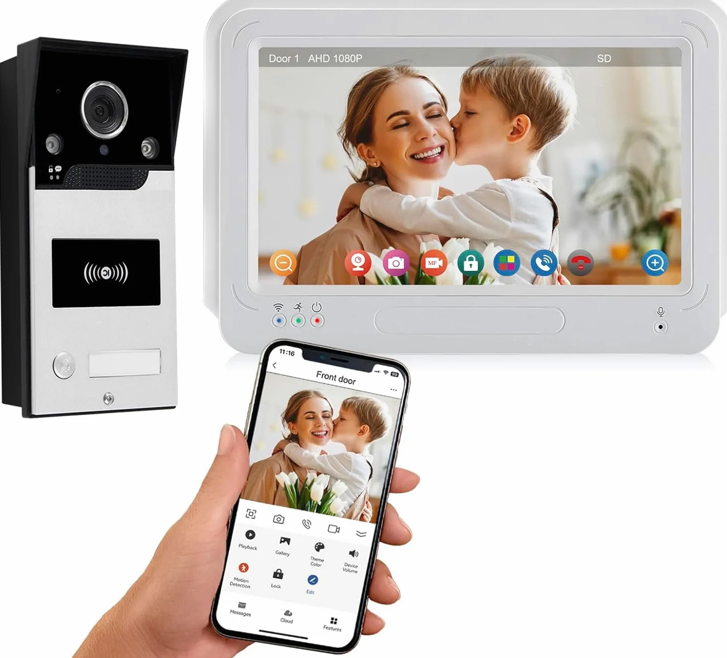 Tuya 1080P 7pollici Colore Schermo Videocitofono WLAN senza fili WiFi Video Campanell Sensore PIR Smart APP Kit per Citofono Domestico di RFID Controllo Accesso