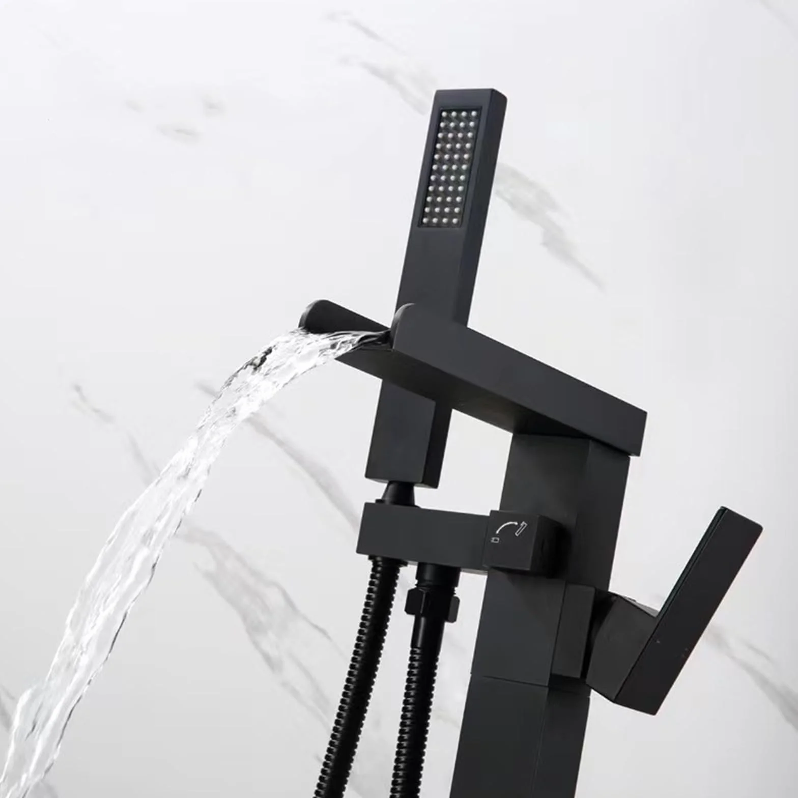 Rubinetto Vasca da Bagno Freestanding a Cascata Rubinetto Bagno Cascata con Doccia Portatile Per Vasca,nero