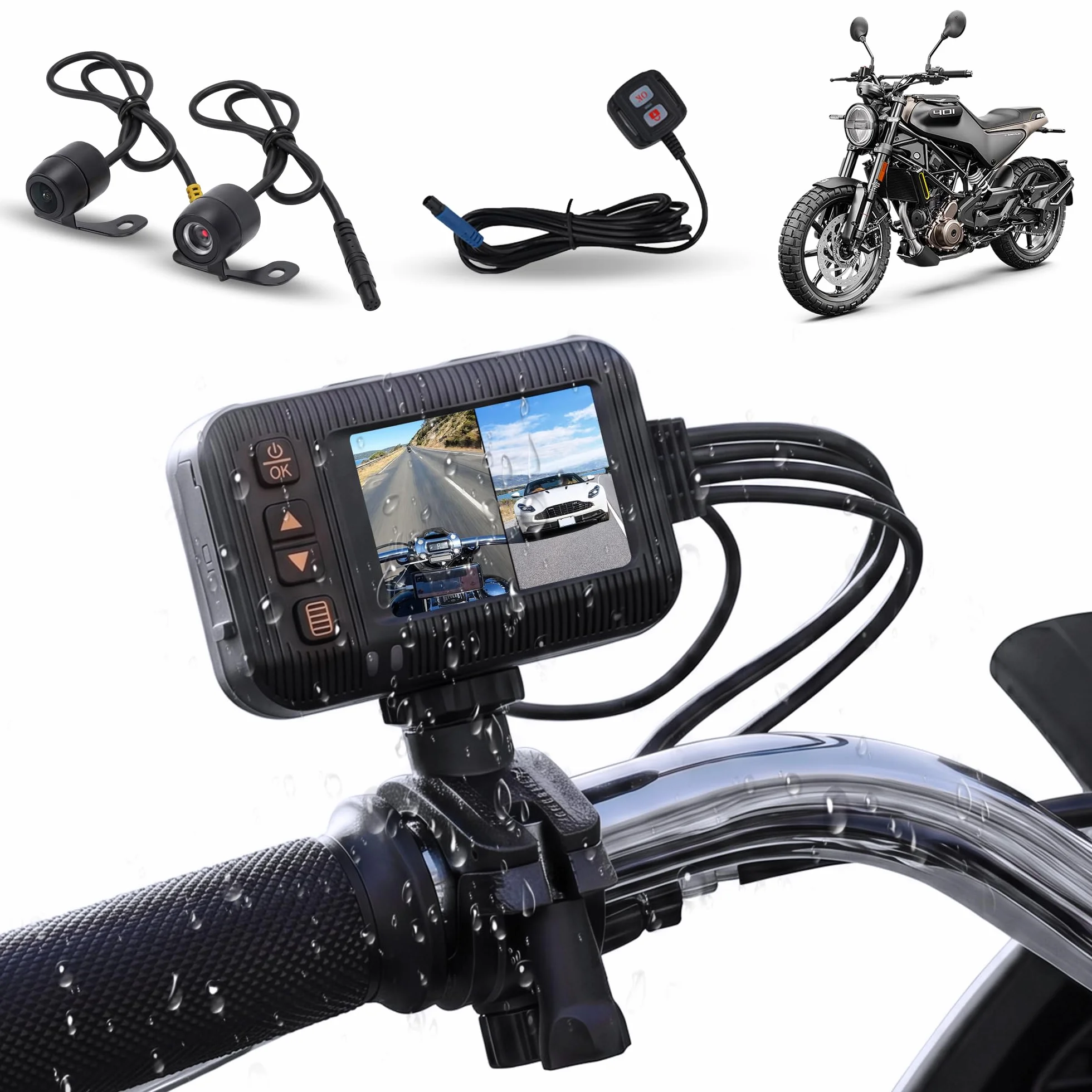 Rimoody Dashcam per Moto 1080P con Due Telecamere, 2" Schermo, Telecamera a Doppia Lente Anteriore e Posteriore, IP67 Impermeabile, Visione Notturna, G-Sensor, Loop Video, Monitoraggio di Parcheggio