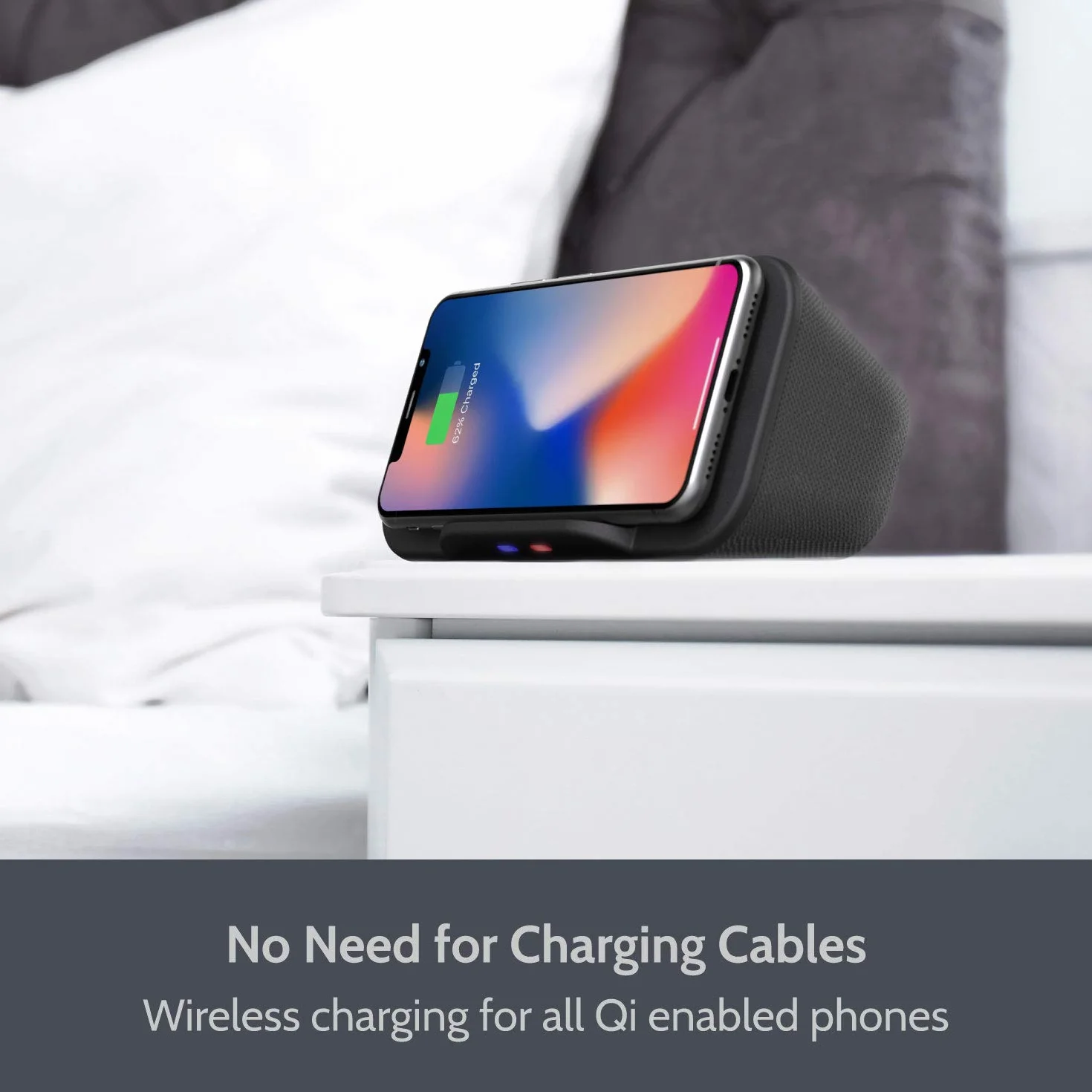i-Box Caricabatterie wireless, altoparlante Bluetooth portatile, stazione di ricarica, caricabatterie Qi wireless, supporto per telefono iPhone e Android, altoparlanti stereo da 6 W, jack audio da 3,5