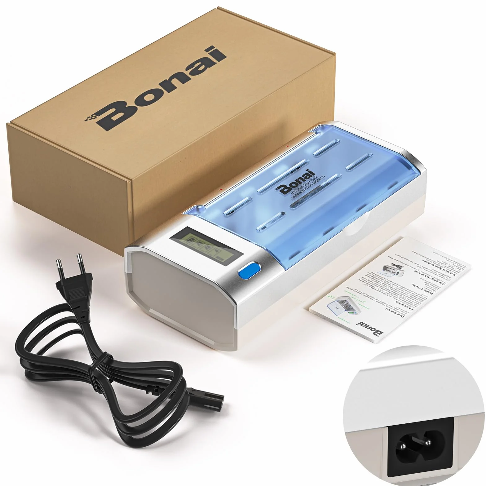 BONAI Caricabatterie Universale per Batterie Ni-MH AA AAA C D e Li-ion 9V, Caricatore Rapido con Display LCD e Funzione di Scarica, 4 Slot Indipendenti