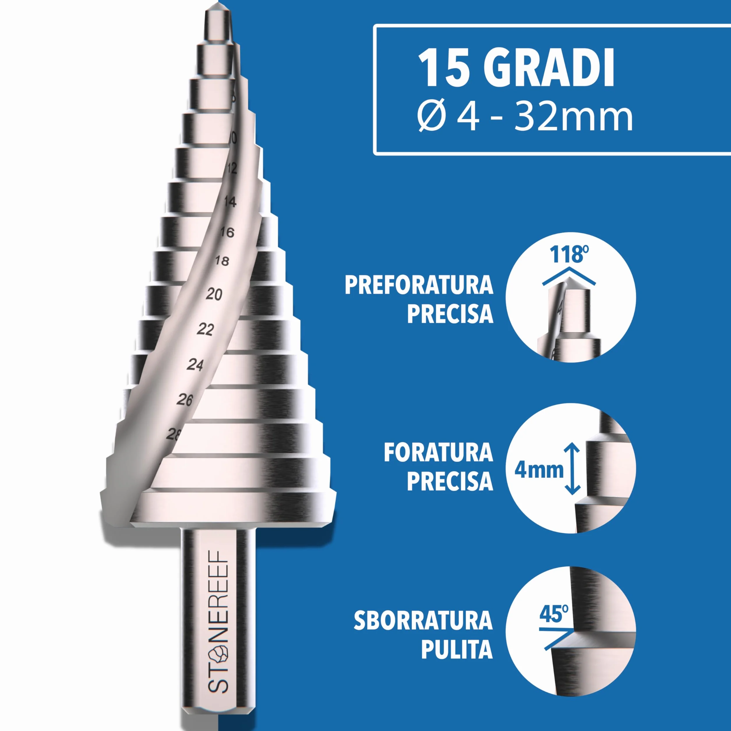 Trapano a gradini HSS acciaio 4-32 mm 15 gradini punta conica per metallo
