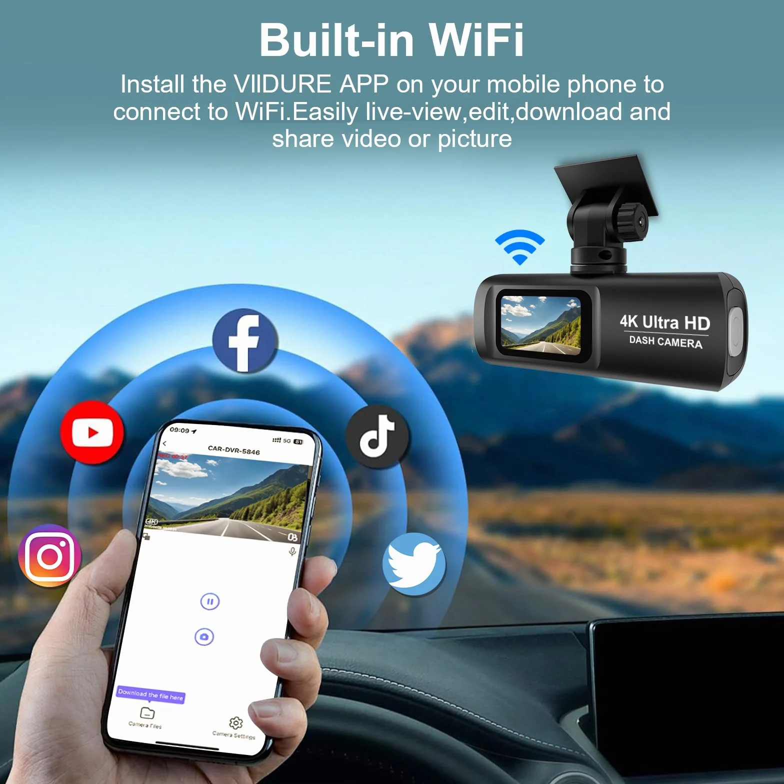 Dash Cam Auto 4k + 1080P, WiFi Dashcam Telecamera per Auto Atti Vandalici con Visione Notturna Migliorata, Sensore di Gravità, Registrazione in Loop, WDR