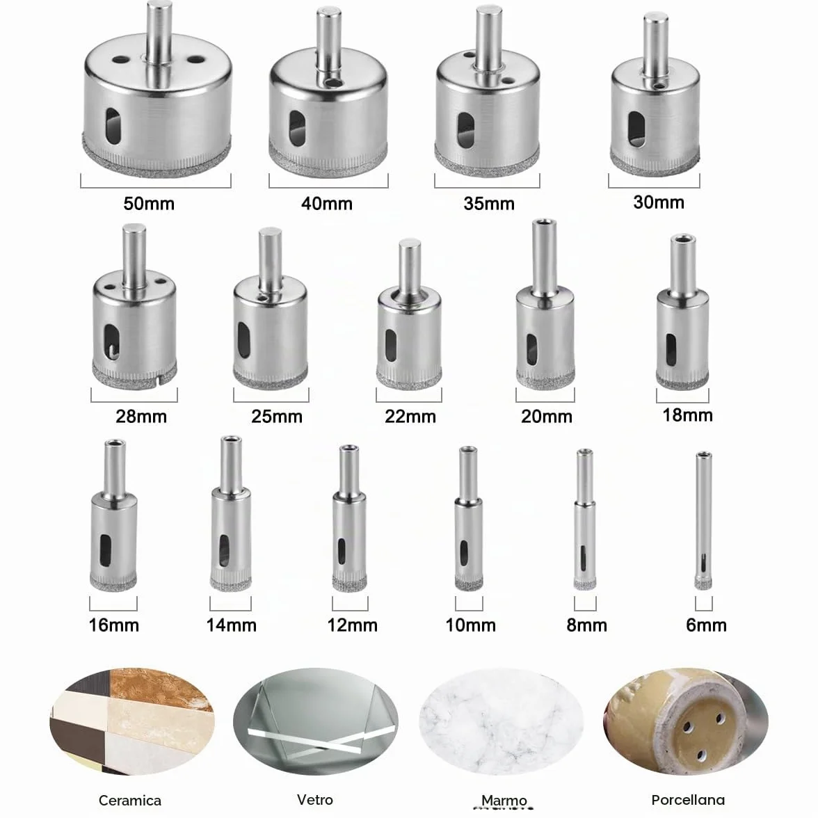 Flintronic Set di Punte Diamantate, 15 Frese a Tazza Professionale, per Vetro Piastrelle Ceramica Marmo Porcellana, Acciaio al Carbonio 8-50mm