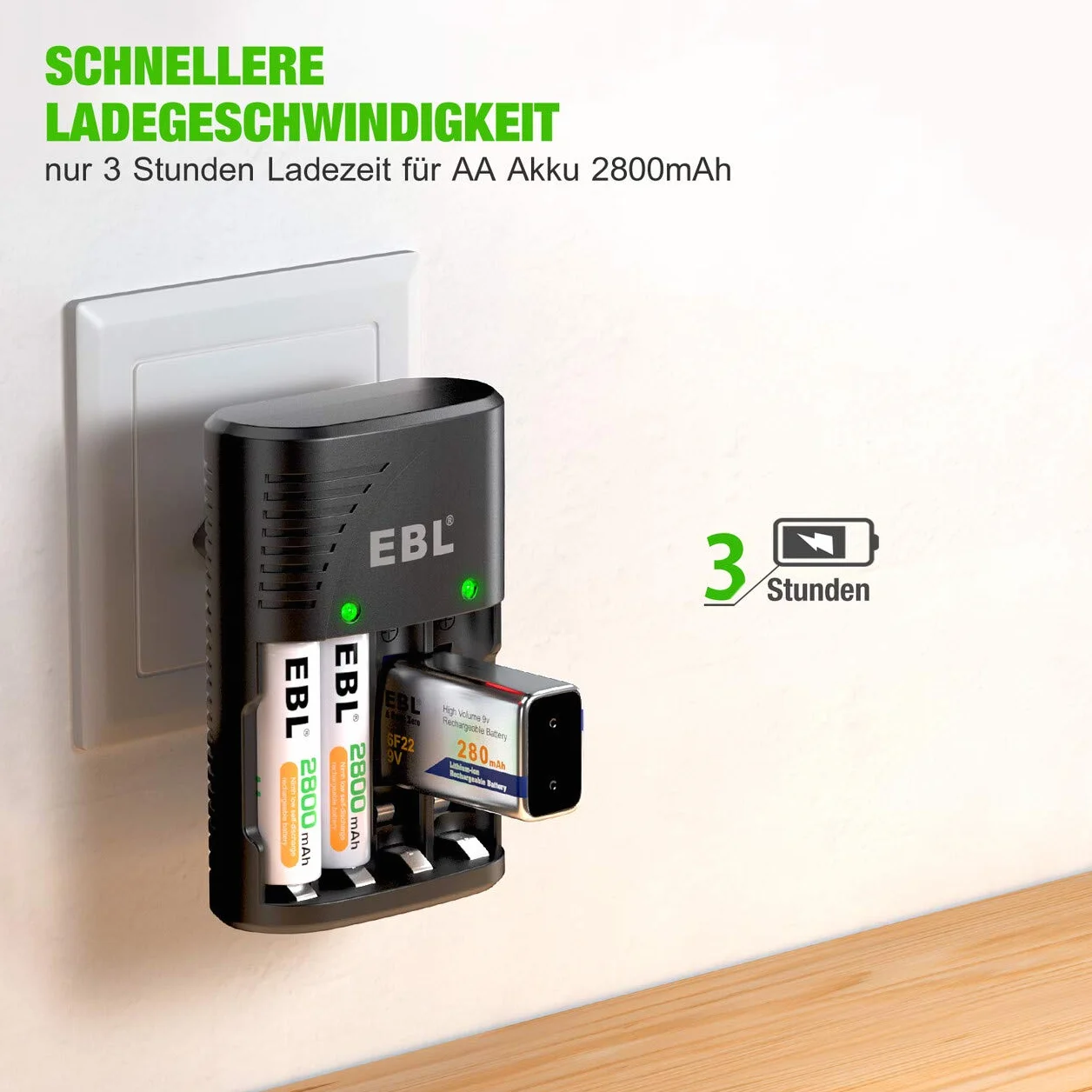EBL Plug Caricabatterie Universale per AA e AAA 9V Ni-MH Batterie Ricaricabili, Carica Rapida, Indicatori LED Intelligenti