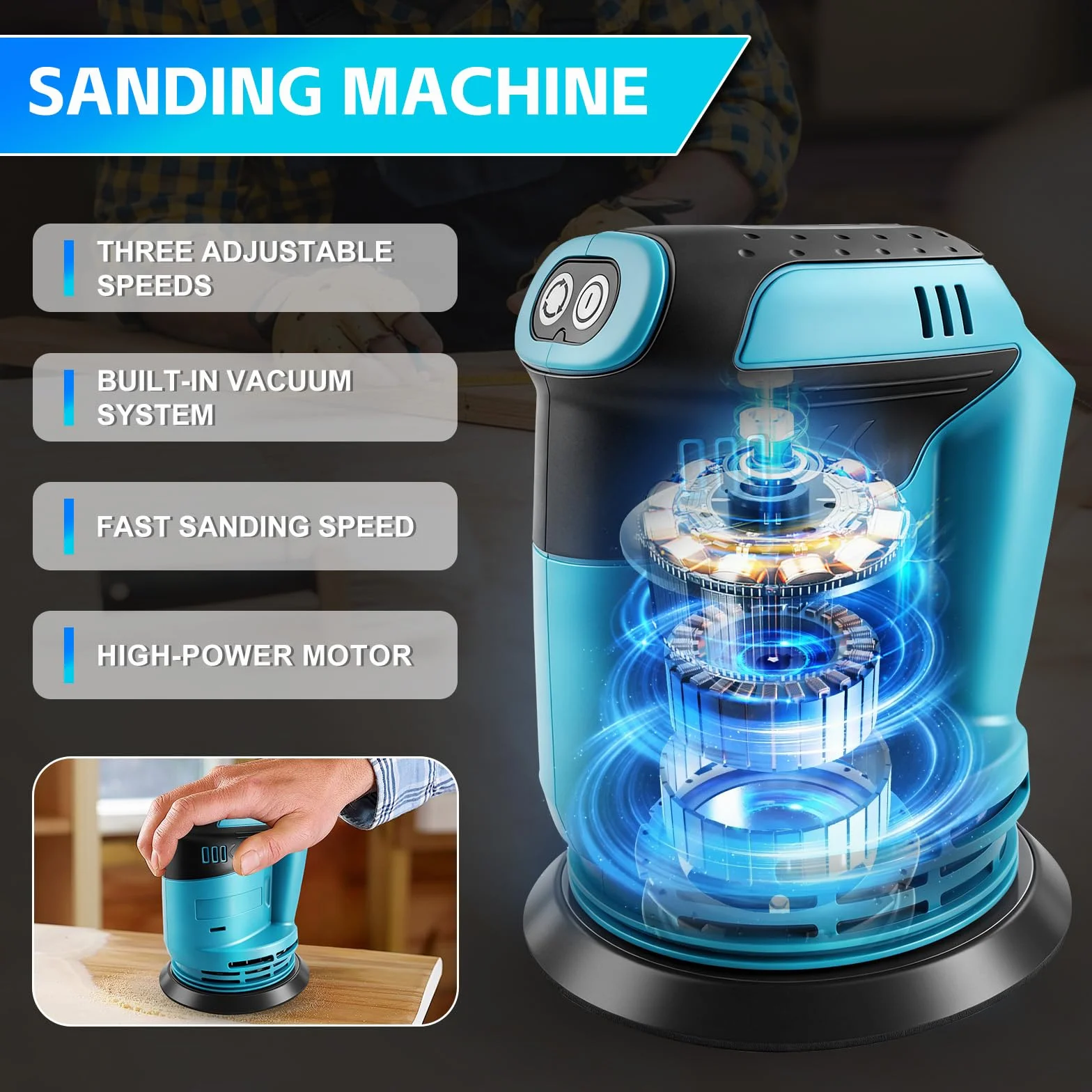Levigatrice eccentrica per batteria Makita 18V, levigatrice a batteria da 125 mm, 3 velocità con contenitore per la raccolta della polvere e 20 fogli abrasivi (batterie non incluse)