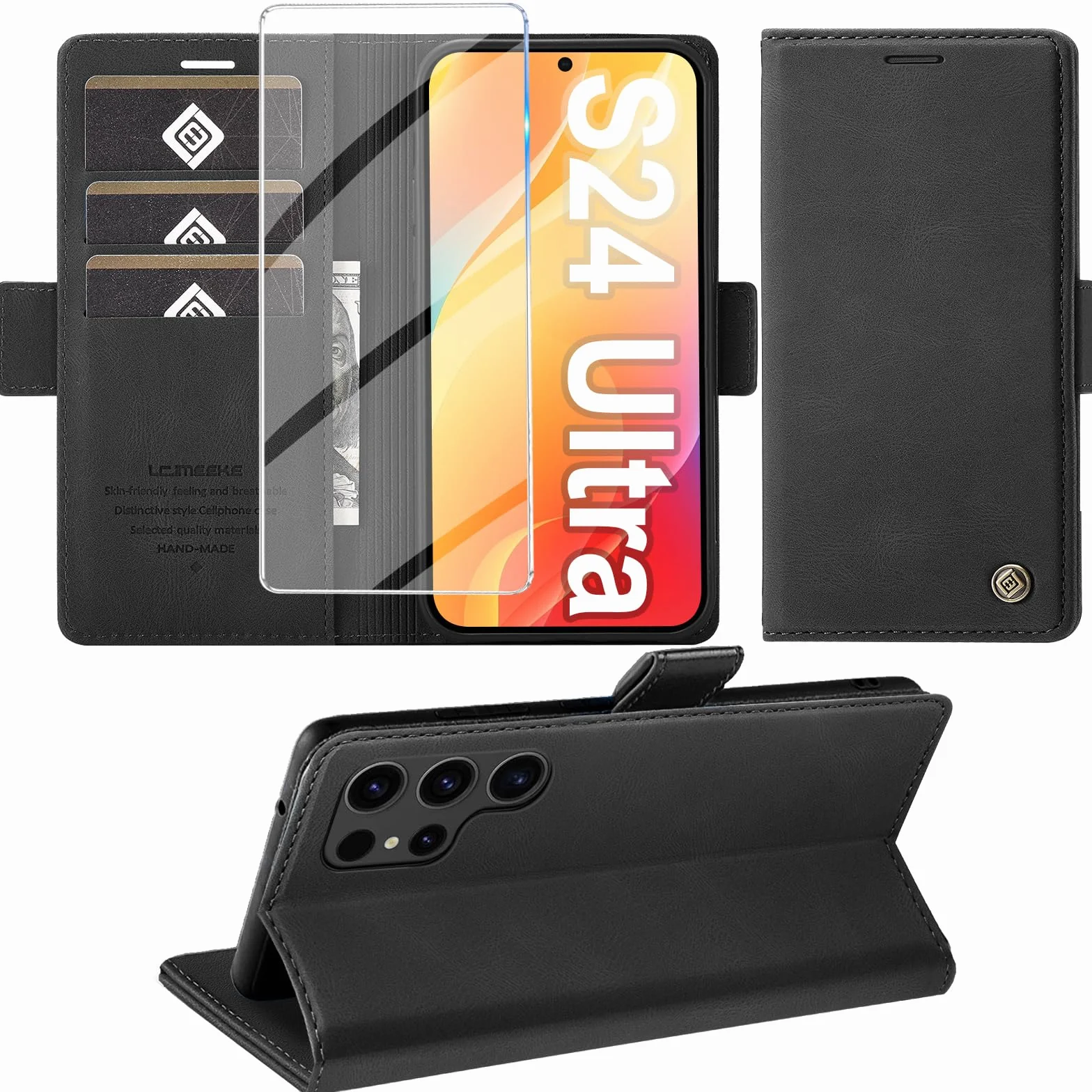 Cover per Samsung Galaxy S24 Ultra Custodia con Vetro Temperato, Premium PU Portafoglio Slot per Scheda RFID Antifurto Funzione Supporto Flip Case, Antiurto per Samsung S24 Ultra 5G Cover (Nero)
