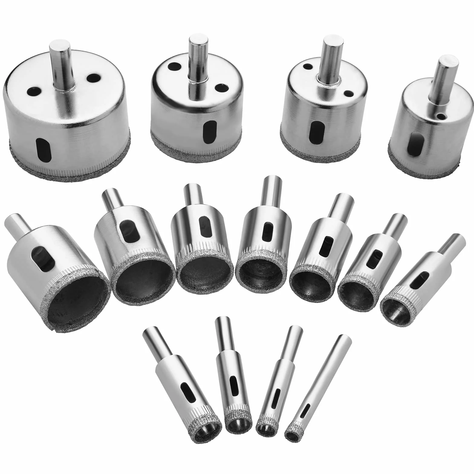 Flintronic Set di Punte Diamantate, 15 Frese a Tazza Professionale, per Vetro Piastrelle Ceramica Marmo Porcellana, Acciaio al Carbonio 8-50mm