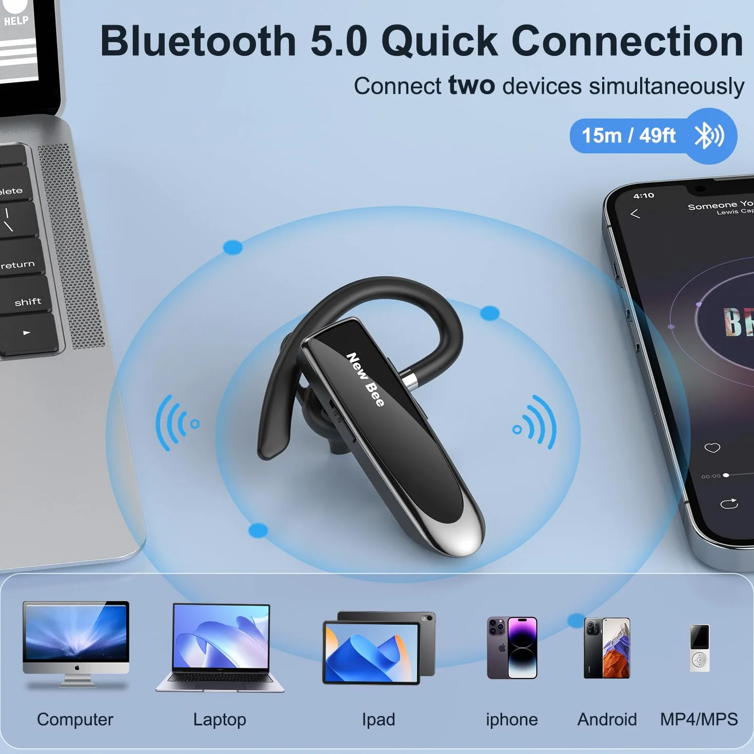 Auricolare Bluetooth Singolo 5.0 Auricolare Mani Libere New Bee Cuffia Bluetooth Mono per Huawei Samsung iPhone Cellulari Android Laptop e Altro
