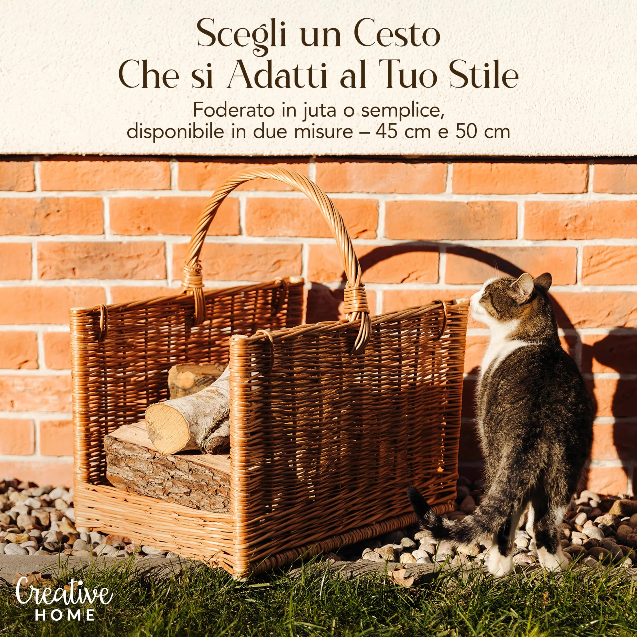 Creative Home Cesto Portalegna da Interno con Manico, Porta Legna in Vimini | Grande Cesto Vimini Rettangolare 50x34x50 cm Leggero | Intrecciato a Mano | Salice Naturale | Multiuso