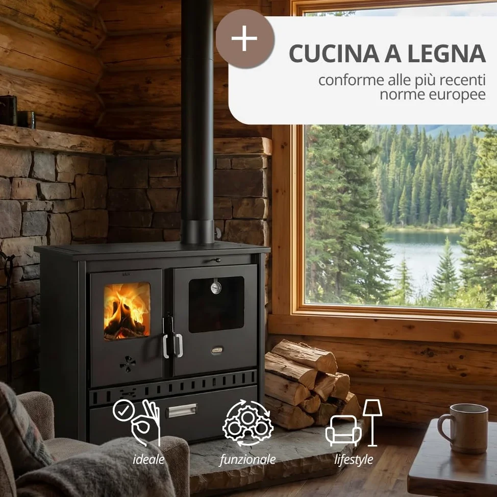 Prity 1P36D - Forno a legna con forno singolo, certificato CE, fornello da cucina compatto a combustibile solido