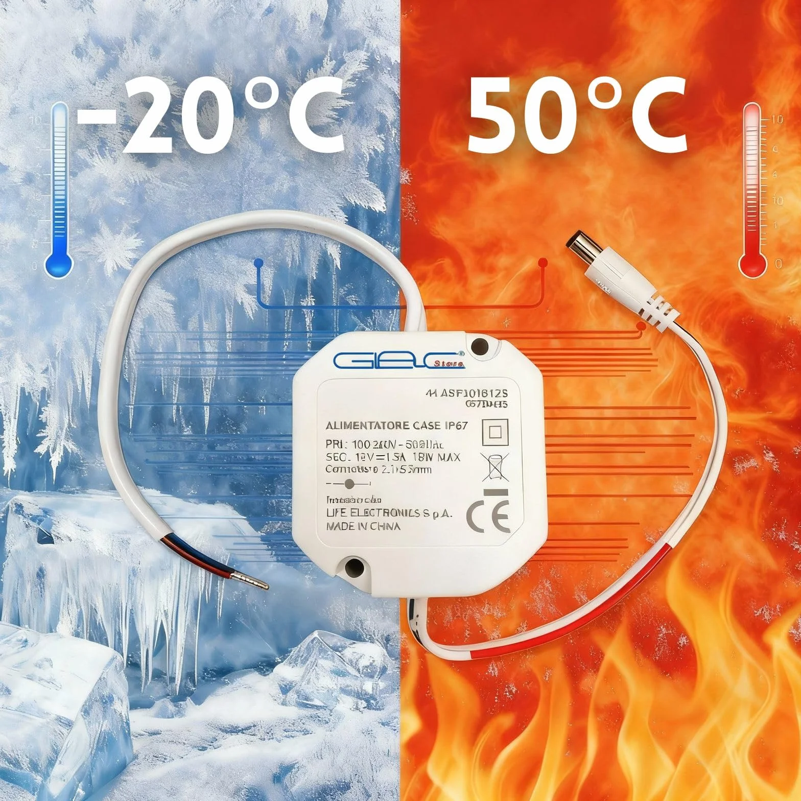 Alimentatore IP67 Impermeabile, Tensione Costante 12V DC, 100-240V AC, Dimensioni 50x50x25mm, Protezione Sovraccarico, Certificato CE (2A-24W)