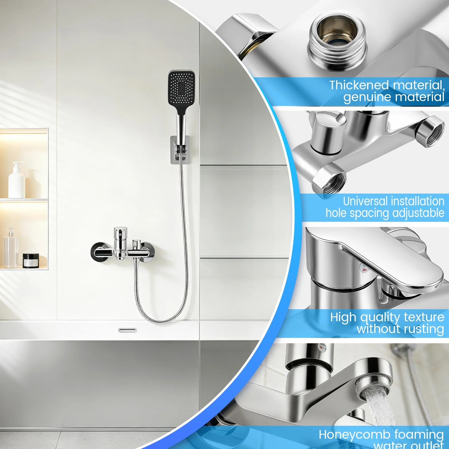 Miscelatore in ottone per vasca da bagno con doccetta a mano, rubinetto a cascata parete flessibile 1,5 m